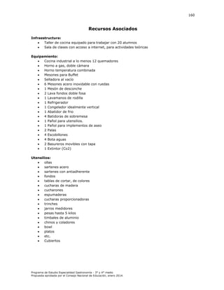 160

Recursos Asociados
Infraestructura:

Taller de cocina equipado para trabajar con 20 alumnos

Sala de clases con acceso a internet, para actividades teóricas
Equipamiento:

Cocina industrial a lo menos 12 quemadores

Horno a gas, doble cámara

Horno temperatura combinada

Mesones para Buffet

Selladora al vacío

6 Mesones acero inoxidable con ruedas

1 Mesón de desconche

2 Lava fondos doble fosa

1 Lavamanos de rodilla

1 Refrigerador

1 Congelador idealmente vertical

1 Abatidor de frio

4 Batidoras de sobremesa

1 Pañol para utensilios.

1 Pañol para implementos de aseo

2 Palas

4 Escobillones

4 Bota aguas

2 Basureros movibles con tapa

1 Extintor (Co2)
Utensilios:

ollas

sartenes acero

sartenes con antiadherente

fondos

tablas de cortar, de colores

cucharas de madera

cucharones

espumaderas

cucharas proporcionadoras

trinches

jarros medidores

pesas hasta 5 kilos

timbales de aluminio

chinos y coladores

bowl

platos

etc.

Cubiertos

Programa de Estudio Especialidad Gastronomía - 3° y 4° medio
Propuesta aprobada por el Consejo Nacional de Educación, enero 2014.

 