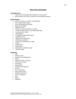 172

Recursos Asociados
Infraestructura:

Taller de cocina equipado para trabajar con 20 alumnos

Sala de clases con acceso a internet, para actividades teóricas
Equipamiento:

Cocina industrial a lo menos 12 quemadores

Horno a gas, doble cámara

Horno temperatura combinada

Mesones para Buffet

Selladora al vacío

6 Mesones acero inoxidable con ruedas

1 Mesón de desconche 2 Lava fondos doble fosa

1 Lavamanos de rodilla

1 Refrigerador

1 Congelador idealmente vertical

1 Abatidor de frio

4 Batidoras de sobremesa

1 Pañol para utensilios

1 Pañol para implementos de aseo

2 Palas

4 Escobillones

4 Bota aguas

2 Basureros movibles con tapa

1 Extintor (Co2)
Utensilios:

ollas

sartenes acero

sartenes con antiadherente

fondos

tablas de cortar, de colores

cucharas de madera

cucharones

espumaderas

cucharas porcionadoras

trinches

jarros medidores

pesas hasta 5 kilos

timbales de aluminio

chinos y coladores

bowl

platos

Cubiertos

Programa de Estudio Especialidad Gastronomía - 3° y 4° medio
Propuesta aprobada por el Consejo Nacional de Educación, enero 2014.

 