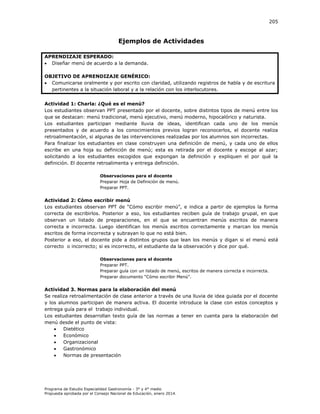 205

Ejemplos de Actividades
APRENDIZAJE ESPERADO:
 Diseñar menú de acuerdo a la demanda.
OBJETIVO DE APRENDIZAJE GENÉRICO:
 Comunicarse oralmente y por escrito con claridad, utilizando registros de habla y de escritura
pertinentes a la situación laboral y a la relación con los interlocutores.
Actividad 1: Charla: ¿Qué es el menú?
Los estudiantes observan PPT presentado por el docente, sobre distintos tipos de menú entre los
que se destacan: menú tradicional, menú ejecutivo, menú moderno, hipocalórico y naturista.
Los estudiantes participan mediante lluvia de ideas, identifican cada uno de los menús
presentados y de acuerdo a los conocimientos previos logran reconocerlos, el docente realiza
retroalimentación, si algunas de las intervenciones realizadas por los alumnos son incorrectas.
Para finalizar los estudiantes en clase construyen una definición de menú, y cada uno de ellos
escribe en una hoja su definición de menú; esta es retirada por el docente y escoge al azar;
solicitando a los estudiantes escogidos que expongan la definición y expliquen el por qué la
definición. El docente retroalimenta y entrega definición.
Observaciones para el docente
Preparar Hoja de Definición de menú.
Preparar PPT.

Actividad 2: Cómo escribir menú
os estudiantes observan PP de “ ómo escribir menú”, e indica a partir de ejemplos la forma
correcta de escribirlos. Posterior a eso, los estudiantes reciben guía de trabajo grupal, en que
observan un listado de preparaciones, en el que se encuentran menús escritos de manera
correcta e incorrecta. Luego identifican los menús escritos correctamente y marcan los menús
escritos de forma incorrecta y subrayan lo que no está bien.
Posterior a eso, el docente pide a distintos grupos que lean los menús y digan si el menú está
correcto o incorrecto; si es incorrecto, el estudiante da la observación y dice por qué.
Observaciones para el docente
Preparar PPT.
Preparar guía con un listado de menú, escritos de manera correcta e incorrecta.
Preparar documento “ ómo escribir enú”.

Actividad 3. Normas para la elaboración del menú
Se realiza retroalimentación de clase anterior a través de una lluvia de idea guiada por el docente
y los alumnos participan de manera activa. El docente introduce la clase con estos conceptos y
entrega guía para el trabajo individual.
Los estudiantes desarrollan texto guía de las normas a tener en cuenta para la elaboración del
menú desde el punto de vista:

Dietético

Económico

Organizacional

Gastronómico

Normas de presentación

Programa de Estudio Especialidad Gastronomía - 3° y 4° medio
Propuesta aprobada por el Consejo Nacional de Educación, enero 2014.

 