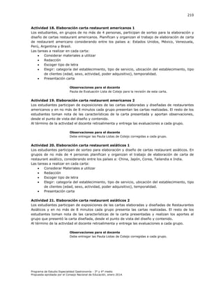 210

Actividad 18. Elaboración carta restaurant americanos 1
Los estudiantes, en grupos de no más de 4 personas, participan de sorteo para la elaboración y
diseño de cartas restaurant americanos. Planifican y organizan el trabajo de elaboración de carta
de restaurant americano considerando entre los países a: Estados Unidos, México, Venezuela,
Perú, Argentina y Brasil.
Las tareas a realizar en cada carta:

Considerar materiales a utilizar

Redacción

Escoger tipo de letra

Elegir: categoría del establecimiento, tipo de servicio, ubicación del establecimiento, tipo
de clientes (edad, sexo, actividad, poder adquisitivo), temporalidad.

Presentación carta
Observaciones para el docente
Pauta de Evaluación Lista de Cotejo para la revisión de esta carta.

Actividad 19. Elaboración carta restaurant americanos 2
Los estudiantes participan de exposiciones de las cartas elaboradas y diseñadas de restaurantes
americanos y en no más de 8 minutos cada grupo presentan las cartas realizadas. El resto de los
estudiantes toman nota de las características de la carta presentada y aportan observaciones,
desde el punto de vista del diseño y contenido.
Al término de la actividad el docente retroalimenta y entrega las evaluaciones a cada grupo.
Observaciones para el docente
Debe entregar las Pauta Listas de Cotejo corregidas a cada grupo.

Actividad 20. Elaboración carta restaurant asiáticos 1
Los estudiantes participan de sorteo para elaboración y diseño de cartas restaurant asiáticos. En
grupos de no más de 4 personas planifican y organizan el trabajo de elaboración de carta de
restaurant asiático, considerando entre los países a: China, Japón, Corea, Tailandia e India.
Las tareas a realizar en cada carta:

Considerar Materiales a utilizar

Redacción

Escoger tipo de letra

Elegir: categoría del establecimiento, tipo de servicio, ubicación del establecimiento, tipo
de clientes (edad, sexo, actividad, poder adquisitivo), temporalidad.

Presentación carta
Actividad 21. Elaboración carta restaurant asiáticos 2
Los estudiantes participan de exposiciones de las cartas elaboradas y diseñadas de Restaurantes
Asiáticos y en no más de 8 minutos cada grupo presenta las cartas realizadas. El resto de los
estudiantes toman nota de las características de la carta presentadas y realizan los aportes al
grupo que presentó la carta diseñada, desde el punto de vista del diseño y contenido.
Al término de la actividad el docente retroalimenta y entrega las evaluaciones a cada grupo.
Observaciones para el docente
Debe entregar las Pauta Listas de Cotejo corregidas a cada grupo.

Programa de Estudio Especialidad Gastronomía - 3° y 4° medio
Propuesta aprobada por el Consejo Nacional de Educación, enero 2014.

 