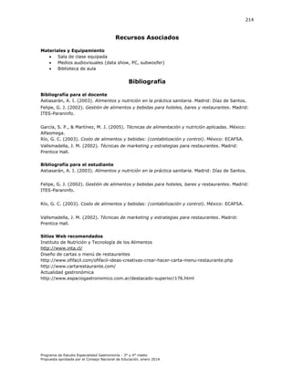 214

Recursos Asociados
Materiales y Equipamiento

Sala de clase equipada

Medios audiovisuales (data show, PC, subwoofer)

Biblioteca de aula

Bibliografía
Bibliografía para el docente
stiasarán, . . (
. Alimentos y nutrición

.

adrid Díaz de

Felipe, G. J. (2002).
ITES-Paraninfo.
arcía, . P.,
Alfaomega.
ío, . . (

artínez,

. Madrid:

. .(

.

.

. Costo de alimentos y bebidas: (contabilización y control).

Vallsmadella, J. M. (2002).
Prentice Hall.
Bibliografía para el estudiante
stiasarán, . . (
.

éxico

éxico E

.

. Madrid:

.

adrid Díaz de

Felipe, G. J. (2002).
ITES-Paraninfo.
ío,

.

.(

antos.

. Costo de alimentos y bebidas: (contabilización y control).

Vallsmadella, J. M. (2002).
Prentice Hall.

antos.
. Madrid:

éxico E
. Madrid:

Sitios Web recomendados
Instituto de Nutrición y Tecnología de los Alimentos
http://www.inta.cl/
Diseño de cartas o menú de restaurantes
http://www.ofifacil.com/ofifacil-ideas-creativas-crear-hacer-carta-menu-restaurante.php
http://www.cartarestaurante.com/
Actualidad gastronómica
http://www.espaciogastronomico.com.ar/destacado-superior/176.html

Programa de Estudio Especialidad Gastronomía - 3° y 4° medio
Propuesta aprobada por el Consejo Nacional de Educación, enero 2014.

.

 