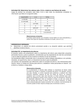 226

Actividad 28. Determinar los valores neto, I.V.A. y total en una factura de venta
Luego de analizar los conceptos valor Neto, I.V.A y valor total, los estudiantes completan la
información que falta en la siguiente tabla:
VALOR NETO

I.V.A

TOTAL

$ 100.000

$

$

$ 3.432.500

$

$

$

$ 47.500

$

$

$

$3.879.400

$

$343.267

$

$

$

$532.000

$

$

$ 10.324.675

Observaciones al docente:
El profesor podrá solicitar que completen nuevas tablas con otros antecedentes, y
utilizar otros tipos de impuestos existentes en el país, como el I.L.A.

APRENDIZAJE ESPERADO:

Seleccionar un sistema de ahorro previsional acorde a su situación salarial, que permita
planificar el ahorro futuro.
Actividad 29. La importancia de ahorrar
El docente realiza una presentación sobre la importancia del ahorro para desarrollar proyectos
personales futuros y para la jubilación, considerando que las expectativas de vida han aumentado
y que la edad de jubilación de las mujeres es distinta a la de los hombres.
Los estudiantes deben comprender que si una persona realiza trabajos esporádicos o sin contrato,
necesitan, de igual forma, tener un mecanismo de ahorro para la jubilación.
Les solicita a los estudiantes que reflexionen sobre el concepto de ahorro y las motivaciones para
hacerlo. Hacen un listado de razones para ahorrar y establecen metas personales en relación con
el ahorro a mediano y largo plazo.
Observación al docente
En la presentación el docente debe enfatizar la importancia de fijarse metas
concretas que ayuden a mantener la disciplina del ahorro. Por ejemplo, comprar
una casa, estudiar, un monto requerido para jubilarnos y cualquier otra meta
financiera específica. Después de fijar las metas de ahorro, es necesario
considerar que el primer paso será acumular un fondo suficiente para cubrir
gastos de subsistencia durante varios meses en caso de emergencia. Asimismo,
es importante reflexionar cómo se manejará el fondo, ya que una cuenta de
ahorro permite fácil acceso al dinero, pero, en muchas ocasiones, no ofrece
mayor productividad para nuestra economía. Por lo anterior, las herramientas de
inversión pueden brindar mejores ventajas para incrementar el ahorro.

Programa de Estudio Especialidad Gastronomía - 3° y 4° medio
Propuesta aprobada por el Consejo Nacional de Educación, enero 2014.

 