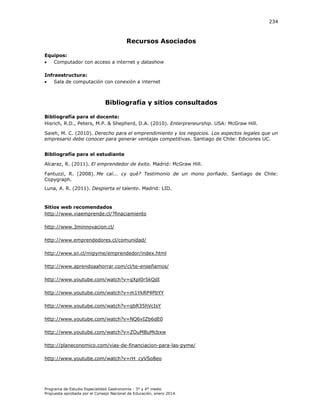 234

Recursos Asociados
Equipos:

Computador con acceso a internet y datashow
Infraestructura:

Sala de computación con conexión a internet

Bibliografía y sitios consultados
Bibliografía para el docente:
Hisrich, R.D., Peters, M.P. & Shepherd, D.A. (2010). Enterpreneurship. USA: McGraw Hill.
Saieh, M. C. (2010). Derecho para el emprendimiento y los negocios. Los aspectos legales que un
empresario debe conocer para generar ventajas competitivas. Santiago de Chile: Ediciones UC.
Bibliografía para el estudiante
Alcaraz, R. (2011). El emprendedor de éxito. Madrid: McGraw Hill.
Fantuzzi, R. (2008). Me
Copygraph.
Luna, A. R. (2011). Despierta el talento. Madrid: LID.

Sitios web recomendados
http://www.viaemprende.cl/?finaciamiento
http://www.3minnovacion.cl/
http://www.emprendedores.cl/comunidad/
http://www.sii.cl/mipyme/emprendedor/index.html
http://www.aprendoaahorrar.com/cl/te-enseñamos/
http://www.youtube.com/watch?v=qXpl0r5kQdI
http://www.youtube.com/watch?v=m1YkRP4PbYY
http://www.youtube.com/watch?v=qbR35hVcIsY
http://www.youtube.com/watch?v=NQ6vIZb6dE0
http://www.youtube.com/watch?v=ZOuMBuMcbxw
http://planeconomico.com/vias-de-financiacion-para-las-pyme/
http://www.youtube.com/watch?v=rH_cyVSo8eo

Programa de Estudio Especialidad Gastronomía - 3° y 4° medio
Propuesta aprobada por el Consejo Nacional de Educación, enero 2014.

. Santiago de Chile:

 