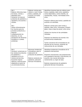 258

OA 2
Elaborar diferentes tipos
de dulces, cremas y
glaseados para
componer y/o decorar
productos de pastelería y
repostería, de acuerdo a
recetas.

Elaborar cremas para
rellenar y cubrir tortas,
tartas y pasteles, de
acuerdo a la receta
establecida.

Identifican diversos tipos de rellenos para
tortas y pasteles, tales como; pastelera,
crema diplomática, crema chantilly, de
mantequillas, manjar, mermeladas entre
otras.
Preparan rellenos para tortas y pasteles de
acuerdo a lo solicitado.

OA I
Utilizar eficientemente
los insumos para los
procesos productivos y
disponer
cuidadosamente los
desechos, en una
perspectiva de eficiencia
energética y cuidado
ambiental.

Elaboran cremas para cubrir tortas y
pasteles, tales como; merengues, fondant,
glasé, masa a base de azúcar, entre otros.
Utilizan los insumos en las cantidades
indicadas.
Disponen los desechos de acuerdo a los
procedimientos establecidos.
Toman conciencia de la necesidad de uso
eficiente de los insumos, acatando las
instrucciones de uso indicadas.

OA 5
Introducir variaciones en
las recetas de productos
de pastelería y
repostería y/o en la
manera de servirlos,
buscando mejorar
sabores y texturas para
adaptarlas al gusto de
una demanda diversa.

Reconocer tendencias
innovadoras, para la
elaboración de
productos de pastelería.
Elaborar productos de
pastelería, aplicando
técnicas innovadoras.

Identifican tendencias innovadoras de la
pastelería internacional.
Proponen innovaciones a las preparaciones
de la pastelería nacional e internacional, de
acuerdo a las nuevas demandas,
manteniendo su origen de base.
Realizan preparaciones de pastelería
aplicando técnicas innovadoras.

Programa de Estudio Especialidad Gastronomía - 3° y 4° medio
Propuesta aprobada por el Consejo Nacional de Educación, enero 2014.

 