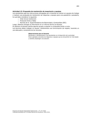 283

Actividad 13: Propuesta de mantención de maquinaria y equipos
Los estudiantes bajo las instrucciones entregadas por el docente se reúnen en equipos de trabajo
y realizan una propuesta de mantención de máquinas y equipos para una pastelería o panadería,
la cual debe considerar lo siguiente:
o Chek list de mantención
o Protocolo frente a fallas
o Normas de la Superintendencia de Electricidad y Combustible (SEC)
Luego, deberán entregar la información en un informe técnico al docente.
En plenario el docente solicita algunos grupos a exponer su propuesta frente a curso.
Los alumnos deben trabajar en equipo, manteniendo una comunicación de respeto, haciendo un
uso adecuado y consciente de los recursos.
Observaciones para el docente
Monitorear y retroalimentar a los estudiantes en el desarrollo de la actividad.
Poner ejemplos concretos de máquinas o equipos que se encuentren en mal estado
y solicitar propongan una solución.

Programa de Estudio Especialidad Gastronomía - 3° y 4° medio
Propuesta aprobada por el Consejo Nacional de Educación, enero 2014.

 