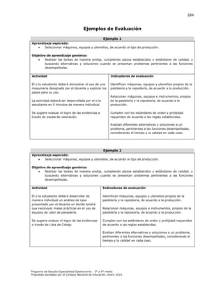 284

Ejemplos de Evaluación
Ejemplo 1
Aprendizaje esperado:

Seleccionar máquinas, equipos y utensilios, de acuerdo al tipo de producción.
Objetivo de aprendizaje genérico:

Realizar las tareas de manera prolija, cumpliendo plazos establecidos y estándares de calidad, y
buscando alternativas y soluciones cuando se presentan problemas pertinentes a las funciones
desempeñadas.
Actividad

Indicadores de evaluación

El o la estudiante deberá demostrar el uso de una
maquinaria designada por el docente y explicar los
pasos para su uso.

Identifican máquinas, equipos y utensilios propios de la
pastelería y la repostería, de acuerdo a la producción.

La actividad deberá ser desarrollada por el o la
estudiante en 5 minutos de manera individual.

Relacionan máquinas, equipos e instrumentos, propios
de la pastelería y la repostería, de acuerdo a la
producción.

Se sugiere evaluar el logro de las evidencias a
través de escala de valoración.

Cumplen con los estándares de orden y prolijidad
requeridos de acuerdo a las reglas establecidas.
Evalúan diferentes alternativas y soluciones a un
problema, pertinentes a las funciones desempeñadas,
considerando el tiempo y la calidad en cada caso.

Ejemplo 2
Aprendizaje esperado:

Seleccionar máquinas, equipos y utensilios, de acuerdo al tipo de producción.
Objetivo de aprendizaje genérico:

Realizar las tareas de manera prolija, cumpliendo plazos establecidos y estándares de calidad, y
buscando alternativas y soluciones cuando se presentan problemas pertinentes a las funciones
desempeñadas.
Actividad

Indicadores de evaluación

El o la estudiante deberá desarrollar de
manera individual un análisis de caso
presentado por el docente en donde tendrá
que reconocer malas prácticas en el uso de
equipos de calor de panadería.

Identifican máquinas, equipos y utensilios propios de la
pastelería y la repostería, de acuerdo a la producción.

Se sugiere evaluar el logro de las evidencias
a través de Lista de Cotejo.

Cumplen con los estándares de orden y prolijidad requeridos
de acuerdo a las reglas establecidas.

Relacionan máquinas, equipos e instrumentos, propios de la
pastelería y la repostería, de acuerdo a la producción.

Evalúan diferentes alternativas y soluciones a un problema,
pertinentes a las funciones desempeñadas, considerando el
tiempo y la calidad en cada caso.

Programa de Estudio Especialidad Gastronomía - 3° y 4° medio
Propuesta aprobada por el Consejo Nacional de Educación, enero 2014.

 
