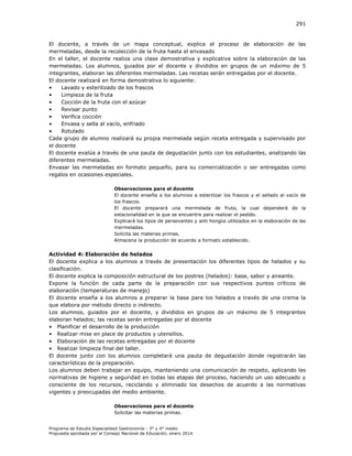 291

El docente, a través de un mapa conceptual, explica el proceso de elaboración de las
mermeladas, desde la recolección de la fruta hasta el envasado
En el taller, el docente realiza una clase demostrativa y explicativa sobre la elaboración de las
mermeladas. Los alumnos, guiados por el docente y divididos en grupos de un máximo de 5
integrantes, elaboran las diferentes mermeladas. Las recetas serán entregadas por el docente.
El docente realizará en forma demostrativa lo siguiente:
•
Lavado y esterilizado de los frascos
•
Limpieza de la fruta
•
Cocción de la fruta con el azúcar
•
Revisar punto
•
Verifica cocción
•
Envasa y sella al vacío, enfriado
•
Rotulado
Cada grupo de alumno realizará su propia mermelada según receta entregada y supervisado por
el docente
El docente evalúa a través de una pauta de degustación junto con los estudiantes, analizando las
diferentes mermeladas.
Envasar las mermeladas en formato pequeño, para su comercialización o ser entregadas como
regalos en ocasiones especiales.
Observaciones para el docente
El docente enseña a los alumnos a esterilizar los frascos y el sellado al vacío de
los frascos.
El docente preparará una mermelada de fruta, la cual dependerá de la
estacionalidad en la que se encuentre para realizar el pedido.
Explicará los tipos de persevantes y anti hongos utilizados en la elaboración de las
mermeladas.
Solicita las materias primas.
Almacena la producción de acuerdo a formato establecido.

Actividad 4: Elaboración de helados
El docente explica a los alumnos a través de presentación los diferentes tipos de helados y su
clasificación.
El docente explica la composición estructural de los postres (helados): base, sabor y aireante.
Expone la función de cada parte de la preparación con sus respectivos puntos críticos de
elaboración (temperaturas de manejo)
El docente enseña a los alumnos a preparar la base para los helados a través de una crema la
que elabora por método directo o indirecto.
Los alumnos, guiados por el docente, y divididos en grupos de un máximo de 5 integrantes
elaboran helados; las recetas serán entregadas por el docente
• Planificar el desarrollo de la producción
• Realizar mise en place de productos y utensilios.
• Elaboración de las recetas entregadas por el docente
• Realizar limpieza final del taller.
El docente junto con los alumnos completará una pauta de degustación donde registrarán las
características de la preparación.
Los alumnos deben trabajar en equipo, manteniendo una comunicación de respeto, aplicando las
normativas de higiene y seguridad en todas las etapas del proceso, haciendo un uso adecuado y
consciente de los recursos, reciclando y eliminado los desechos de acuerdo a las normativas
vigentes y preocupadas del medio ambiente.
Observaciones para el docente
Solicitar las materias primas.
Programa de Estudio Especialidad Gastronomía - 3° y 4° medio
Propuesta aprobada por el Consejo Nacional de Educación, enero 2014.

 