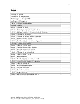 3

Índice
Introducción general
Introducción de la especialidad
Perfil de egreso de la especialidad
Visión global del programa
Plan de Estudios de la especialidad
Módulos 3° medio
Módulo 1: Técnicas de cocina
Módulo 2: Higiene y manipulación de alimentos
Módulo 3: Bodega, recepción y almacenamiento de alimentos
Módulo 4: Técnicas de decoración
Módulo 5: Técnicas de servicio salón de comedores
Módulo 6: Comportamiento laboral
Módulo 7: Estrategias de comunicación oral y escrita
Módulos 4° medio Mención Cocina
Módulo 1: Taller de cocina chilena
Módulo 2: Taller de cocina chilena renovada
Módulo 3: Taller de cocina internacional
Módulo 4: Técnicas de bar y coctelería
Módulo 5: Taller de menú y carta
Módulo 6: Emprendimiento
Módulo 7: Estrategias de comunicación laboral
Módulo 4° medio Mención pastelería y repostería
Módulo 1: Taller de pastelería
Módulo 2: Máquinas y herramientas
Módulo 3: Taller de repostería
Módulo 4: Taller de panadería
Módulo 5: Emprendimiento
Módulo 6: Estrategias de comunicación laboral

Programa de Estudio Especialidad Gastronomía - 3° y 4° medio
Propuesta aprobada por el Consejo Nacional de Educación, enero 2014.

 