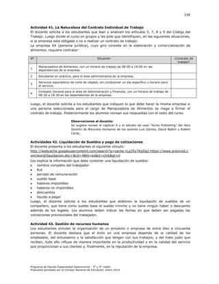 336

Actividad 41. La Naturaleza del Contrato Individual de Trabajo
El docente solicita a los estudiantes que lean y analicen los artículos 3, 7, 8 y 9 del Código del
Trabajo. Luego divide al curso en grupos y les pide que identifiquen, en las siguientes situaciones,
si la empresa está obligada o no a realizar un contrato de trabajo:
La empresa XX (persona jurídica), cuyo giro consiste en la elaboración y comercialización de
alimentos, requiere contratar:
N°

Situación

1

Manipuladora de Alimentos, con un horario de trabajo de 08:00 a 18:00 en las
dependencias de la empresa.

2

Estudiante en práctica, para el área administrativa de la empresa.

3

Servicios esporádicos de corte de césped, sin condicionar un día específico u horario para
el servicio.

4

¿Contrato de
trabajo?

Contador General para el área de Administración y Finanzas, con un horario de trabajo de
08:30 a 18:30 en las dependencias de la empresa.

Luego, el docente solicita a los estudiantes que indiquen lo que debe hacer la misma empresa si
una persona seleccionada para el cargo de Manipuladora de Alimentos se niega a firmar el
contrato de trabajo. Posteriormente los alumnos revisan sus respuestas con el resto del curso.
Observaciones al docente:
e sugiere revisar el capítulo
y el estudio de caso “ cme Publis ing” del libro
Gestión de Recursos Humanos de los autores Luis Gómez, David Balkin y Robert
Cardy.

Actividades 42. Liquidación de Sueldos y pago de cotizaciones
El docente presenta a los estudiantes el siguiente vínculo:
http://webcache.googleusercontent.com/search?q=cache:rLg35y7KpOgJ:https://www.previred.c
om/word/liquidacion.doc+&cd=4&hl=es&ct=clnk&gl=cl
Les explica la información que debe contener una liquidación de sueldos:

nombre completo del trabajador

Rut

periodo de remuneración

sueldo base

haberes imponibles

haberes no imponibles

descuentos

líquido a pagar
Luego, el docente solicita a los estudiantes que elaboren la liquidación de sueldos de un
compañero, que tiene como sueldo base el sueldo mínimo y no tiene ningún haber o descuento
además de los legales. Los alumnos deben indicar las fechas en que deben ser pagadas las
cotizaciones previsionales del trabajador.
Actividad 43. Gestión de recursos humanos
Los estudiantes simulan la organización de un proyecto o empresa de entre diez a cincuenta
personas. El docente destaca que el éxito en una empresa depende de la calidad de los
empleados, del entusiasmo y la satisfacción que tengan con sus trabajos, y del trato justo que
reciben; todo ello influye de manera importante en la productividad y en la calidad del servicio
que proporcionan a sus clientes y, finalmente, en la reputación de la empresa.

Programa de Estudio Especialidad Gastronomía - 3° y 4° medio
Propuesta aprobada por el Consejo Nacional de Educación, enero 2014.

 
