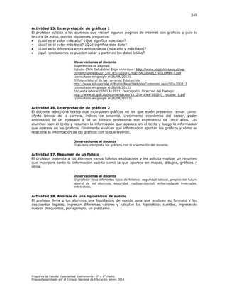 349

Actividad 15. Interpretación de gráficos 1
El profesor solicita a los alumnos que visiten algunas páginas de internet con gráficos y guía la
lectura de estos, con las siguientes preguntas:

¿cuál es el valor más alto? ¿Qué significa este dato?

¿cuál es el valor más bajo? ¿Qué significa este dato?

¿cuál es la diferencia entre ambos datos (más alto y más bajo)?

¿qué conclusiones se pueden sacar a partir de los datos leídos?
Observaciones al docente
Sugerencias de páginas:
Estudio Chile Saludable: Elige vivir sano: http://www.eligevivirsano.cl/wpcontent/uploads/2013/01/ESTUDIO-CHILE-SALUDABLE-VOLUMEN-I.pdf
(consultado en google el 26/08/2013).
El futuro laboral de las carreras: Educarchile
http://www.educarchile.cl/Portal.Base/Web/VerContenido.aspx?ID=200312
(consultado en google el 26/08/2013)
Encuesta laboral (ENCLA) 2011. Descripción. Dirección del Trabajo:
http://www.dt.gob.cl/documentacion/1612/articles-101347_recurso_1.pdf
(consultado en google el 26/08//2013)

Actividad 16. Interpretación de gráficos 2
El docente selecciona textos que incorporen gráficos en los que estén presentes temas como:
oferta laboral de la carrera, índices de cesantía, crecimiento económico del sector, poder
adquisitivo de un egresado y de un técnico profesional con experiencia de cinco años. Los
alumnos leen el texto y resumen la información que aparece en el texto y luego la información
que aparece en los gráficos. Finalmente evalúan qué información aportan los gráficos y cómo se
relaciona la información de los gráficos con lo que leyeron.
Observaciones al docente
El alumno interpreta los gráficos con la orientación del docente.

Actividad 17. Resumen de un folleto
El profesor presenta a los alumnos varios folletos explicativos y les solicita realizar un resumen
que incorpore tanto la información escrita como la que aparece en mapas, dibujos, gráficos y
otros.
Observaciones al docente
El profesor lleva diferentes tipos de folletos: seguridad laboral, propios del futuro
laboral de los alumnos, seguridad medioambiental, enfermedades invernales,
entre otros.

Actividad 18. Análisis de una liquidación de sueldo
El profesor lleva a los alumnos una liquidación de sueldo para que analicen su formato y los
descuentos legales; ingresan diferentes valores y calculan los hipotéticos sueldos, ingresando
nuevos descuentos, por ejemplo, un préstamo.

Programa de Estudio Especialidad Gastronomía - 3° y 4° medio
Propuesta aprobada por el Consejo Nacional de Educación, enero 2014.

 