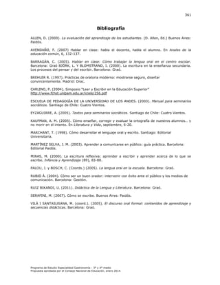 361

Bibliografía
ALLEN, D. (2000). La evaluación del aprendizaje de los estudiantes. (D. Allen, Ed.) Buenos Aires:
Paidós.
AVENDAÑO, F. (2007) Hablar en clase: habla el docente, habla el alumno. En Anales de la
educación común, 6, 132-137.
BARRAGÁN, C. (2005). Hablar en clase: Cómo trabajar la lengua oral en el centro escolar.
Barcelona: Graó BJÖRK, L. Y BLOMSTRAND, I. (2000). La escritura en la enseñanza secundaria.
Los procesos del pensar y del escribir. Barcelona: Graó.
BREHLER R. (1997). Prácticas de oratoria moderna: mostrarse seguro, disertar
convincentemente. Madrid: Drac.
, P. (
. imposio “ eer y Escribir en la Educación
http://www.fchst.unlpam.edu.ar/iciels/256.pdf

uperior”

ESCUELA DE PEDAGOGÍA DE LA UNIVERSIDAD DE LOS ANDES. (2003). Manual para seminarios
socráticos. Santiago de Chile: Cuatro Vientos.
EYZAGUIRRE, A. (2005). Textos para seminarios socráticos. Santiago de Chile: Cuatro Vientos.
KAUFMAN, . . (
. ómo enseñar, corregir y evaluar la ortografía de nuestros alumnos… y
no morir en el intento. En Literatura y Vida, septiembre, 6-20.
MARCHANT, T. (1998). Cómo desarrollar el lenguaje oral y escrito. Santiago: Editorial
Universitaria.
MARTÍNEZ SELVA, J. M. (2003). Aprender a comunicarse en público: guía práctica. Barcelona:
Editorial Paidós.
MIRAS, M. (2000). La escritura reflexiva: aprender a escribir y aprender acerca de lo que se
escribe. Infancia y Aprendizaje (89), 65-80.
PALOU, J. y BOSCH, C. (Coords.) (2005). La lengua oral en la escuela. Barcelona: Graó.
RUBIO Á. (2004). Cómo ser un buen orador: intervenir con éxito ante el público y los medios de
comunicación. Barcelona: Gestión.
RUIZ BIKANDI, U. (2011). Didáctica de la Lengua y Literatura. Barcelona: Graó.
SERAFINI, M. (2007). Cómo se escribe. Buenos Aires: Paidós.
VILÀ I SANTASUSANA, M. (coord.). (2005). El discurso oral formal: contenidos de aprendizaje y
secuencias didácticas. Barcelona: Graó.

Programa de Estudio Especialidad Gastronomía - 3° y 4° medio
Propuesta aprobada por el Consejo Nacional de Educación, enero 2014.

 