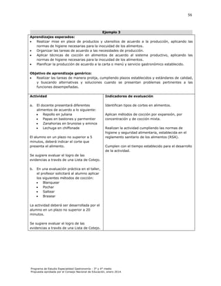 56

Ejemplo 3
Aprendizajes esperados:

Realizar mise en place de productos y utensilios de acuerdo a la producción, aplicando las
normas de higiene necesarias para la inocuidad de los alimentos.

Organizar las tareas de acuerdo a las necesidades de producción.

Aplicar técnicas de cocción en alimentos de acuerdo al sistema productivo, aplicando las
normas de higiene necesarias para la inocuidad de los alimentos.

Planificar la producción de acuerdo a la carta o menú y servicio gastronómico establecido.
Objetivo de aprendizaje genérico:

Realizar las tareas de manera prolija, cumpliendo plazos establecidos y estándares de calidad,
y buscando alternativas y soluciones cuando se presentan problemas pertinentes a las
funciones desempeñadas.
Actividad

Indicadores de evaluación

a.

Identifican tipos de cortes en alimentos.

El docente presentará diferentes
alimentos de acuerdo a lo siguiente:

Repollo en juliana

Papas en bastones y parmentier

Zanahorias en brunoise y emince

Lechuga en chiffonade

El alumno en un plazo no superior a 5
minutos, deberá indicar el corte que
presenta el alimento.

Aplican métodos de cocción por expansión, por
concentración y de cocción mixta.
Realizan la actividad cumpliendo las normas de
higiene y seguridad alimentaria, establecida en el
reglamento sanitario de los alimentos (RSA).
Cumplen con el tiempo establecido para el desarrollo
de la actividad.

Se sugiere evaluar el logro de las
evidencias a través de una Lista de Cotejo.
b.

En una evaluación práctica en el taller,
el profesor solicitará al alumno aplicar
los siguientes métodos de cocción:

Blanquear

Pochar

Saltear

Brasear

La actividad deberá ser desarrollada por el
alumno en un plazo no superior a 20
minutos.
Se sugiere evaluar el logro de las
evidencias a través de una Lista de Cotejo.

Programa de Estudio Especialidad Gastronomía - 3° y 4° medio
Propuesta aprobada por el Consejo Nacional de Educación, enero 2014.

 