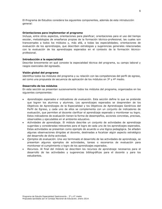 6

El Programa de Estudios considera los siguientes componentes, además de esta introducción
general:

Orientaciones para implementar el programa
Incluye, entre otros aspectos, orientaciones para planificar; orientaciones para el uso del tiempo
escolar, metodologías de enseñanza propias de la formación técnico-profesional, las cuales son
transversales a todos los módulos y, más allá, a todas las especialidades; orientaciones de
evaluación de los aprendizajes, que describen estrategias y sugerencias generales relacionadas
con la evaluación de los aprendizajes esperados en el contexto de la formación técnicoprofesional.
Introducción a la especialidad
Describe brevemente en qué consiste la especialidad técnica del programa, su campo laboral y
rasgos esenciales del egresado.
Visión global del programa
Identifica todos los módulos del programa y su relación con las competencias del perfil de egreso,
así como una propuesta de secuencia de aplicación de los módulos en 3º y 4º medio.
Desarrollo de los módulos
En esta sección se presentan sucesivamente todos los módulos del programa, organizados en los
siguientes componentes:








Aprendizajes esperados e indicadores de evaluación. Esta sección define lo que se pretende
que logren los alumnos y alumnas. Los aprendizajes esperados se desprenden de los
Objetivos de Aprendizajes de la Especialidad y los Objetivos de Aprendizajes Genéricos del
Perfil de Egreso, y cada uno de ellos se complementa con un conjunto de indicadores de
evaluación, que permiten al docente clarificar el aprendizaje esperado y monitorear su logro.
Estos indicadores de evaluación tienen la forma de desempeños, acciones concretas, precisas,
observables y ejecutables en el ambiente educativo.
Actividades de aprendizaje. El módulo describe un conjunto de actividades de aprendizaje
sugeridas y consideradas relevantes para el logro de cada uno de los aprendizajes esperados.
Estas actividades se presentan como ejemplo de acuerdo a una lógica pedagógica. Se añaden
algunas observaciones dirigidas al docente, destinadas a focalizar algún aspecto estratégico
del desarrollo de dicha actividad.
Ejemplos de evaluación. Una vez terminado el desarrollo de las actividades de aprendizaje, se
presentan algunos ejemplos de actividades, tareas o escenarios de evaluación para
monitorear el cumplimiento o logro de los aprendizajes esperados.
Recursos. Al final del módulo se describen los recursos de aprendizaje necesarios para el
desarrollo de las actividades y sugerencias bibliográficas para el docente y para los
estudiantes.

Programa de Estudio Especialidad Gastronomía - 3° y 4° medio
Propuesta aprobada por el Consejo Nacional de Educación, enero 2014.

 