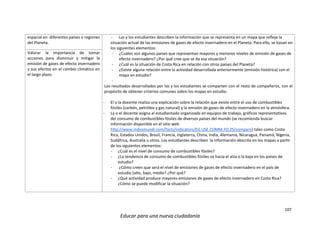 107
Educar para una nueva ciudadanía
espacial en diferentes países o regiones
del Planeta.
- Las y los estudiantes describen la información que se representa en un mapa que refleje la
situación actual de las emisiones de gases de efecto invernadero en el Planeta. Para ello, se basan en
los siguientes elementos:
- ¿Cuáles son algunos países que representan mayores y menores niveles de emisión de gases de
efecto invernadero? ¿Por qué cree que se da esa situación?
- ¿Cuál es la situación de Costa Rica en relación con otros países del Planeta?
- ¿Existe alguna relación entre la actividad desarrollada anteriormente (emisión histórica) con el
mapa en estudio?
-
Los resultados desarrollados por las y los estudiantes se comparten con el resto de compañeros, con el
propósito de obtener criterios comunes sobre los mapas en estudio.
- El o la docente realiza una explicación sobre la relación que existe entre el uso de combustibles
fósiles (carbón, petróleo y gas natural) y la emisión de gases de efecto invernadero en la atmósfera.
- La o el docente asigna al estudiantado organizado en equipos de trabajo, gráficos representativos
del consumo de combustibles fósiles de diversos países del mundo (se recomienda buscar
información disponible en el sitio web
http://www.indexmundi.com/facts/indicators/EG.USE.COMM.FO.ZS/compare) tales como Costa
Rica, Estados Unidos, Brasil, Francia, Inglaterra, China, India, Alemania, Nicaragua, Panamá, Nigeria,
Sudáfrica, Australia u otros. Los estudiantes describen la información descrita en los mapas a partir
de los siguientes elementos:
- ¿Cuál es el nivel de consumo de combustibles fósiles?
- ¿La tendencia de consumo de combustibles fósiles va hacia el alza o la baja en los países de
estudio?
- ¿Cómo creen que será el nivel de emisiones de gases de efecto invernadero en el país de
estudio (alto, bajo, medio? ¿Por qué?
- ¿Qué actividad produce mayores emisiones de gases de efecto invernadero en Costa Rica?
¿Cómo se puede modificar la situación?
Valorar la importancia de tomar
acciones para disminuir y mitigar la
emisión de gases de efecto invernadero
y sus efectos en el cambio climático en
el largo plazo.
 