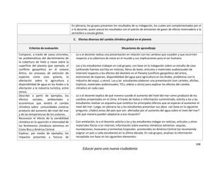108
Educar para una nueva ciudadanía
En plenaria, los grupos presentan los resultados de su indagación, los cuales son complementados por el
o la docente, quien asocia los resultados con el patrón de emisiones de gases de efecto invernadero a la
atmósfera a escala global.
C. Efectos diversos del cambio climático global en el planeta
Criterios de evaluación Situaciones de aprendizaje
Comparar, a través de casos concretos,
las problemáticas del derretimiento de
la cobertura de hielo y nieve sobre la
superficie del planeta (por ejemplo, el
conflicto geopolítico en el océano
Ártico, los procesos de extinción de
especies como osos polares, la
afectación sobre la agricultura y
disponibilidad de agua en los Andes y la
afectación a la industria turística, entre
otros).
- La o el docente realiza una presentación en relación con los cambios que suceden y que ocurrirán
respecto a la cobertura de nieve en el mundo y sus implicaciones para el ser humano.
- Las y los estudiantes trabajan en sub-grupos, con base en la indagación sobre un estudio de caso
(utilizando fuentes escritas en noticias, libros de texto, artículos o materiales audiovisuales de
Internet) respecto a los efectos del deshielo en el Planeta (conflicto geopolítico del ártico,
extinciones de especies, disponibilidad del agua para agricultura en los Andes, problemas con la
industria del esquí, u otros). Los y las estudiantes elaboran una presentación (con carteles, afiches,
trípticos, materiales audiovisuales, TICs, videos u otros) para explicar los efectos del cambio
climático en cada caso.
- La o el docente explica de qué manera sucede el aumento del nivel del mar como producto de los
cambios proyectados en el clima. A través de textos o información suministrada, solicita a los y las
estudiantes realizar un esquema que sintetice los principales efectos que se esperan al aumentar el
nivel del mar. Luego, en plenaria las y los estudiantes presentan sus ideas con base en la siguiente
pregunta: ¿Habrá zonas del país que son afectadas por el aumento del agua sobre el nivel del mar?
¿De qué manera pueden adaptarse a esa situación?
- Con antelación, la o el docente solicita a las y los estudiantes indagar en noticias, artículos u otros
materiales físicos o en internet, información sobre eventos climáticos extremos -sequías,
inundaciones, huracanes y tormentas tropicales- acontecidos en América Central (se recomienda
asignar un país a cada estudiante) en la última década. En sub-grupos, analizan la información
recopilada con base en los siguientes elementos:
Describir a partir de ejemplos, los
efectos sociales, ambientales y
económicos que tendrá el cambio
climático sobre comunidades costeras
producto del aumento del nivel del mar
y de las temperaturas de los océanos.
Reconocer el efecto de la variabilidad
climática en la aparición e intensidad de
los fenómenos climáticos extremos en
Costa Rica y América Central.
Explicar, por medio de ejemplos, los
impactos presentes y futuros de
 