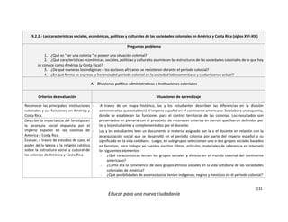 131
Educar para una nueva ciudadanía
9.2.2.- Las características sociales, económicas, políticas y culturales de las sociedades coloniales en América y Costa Rica (siglos XVI-XIX)
Preguntas problema
1. ¿Qué es “ser una colonia ” o poseer una situación colonial?
2. ¿Qué características económicas, sociales, políticas y culturales asumieron las estructuras de las sociedades coloniales de lo que hoy
se conoce como América (y Costa Rica)?
3. ¿De qué maneras los indígenas y los esclavos africanos se resistieron durante el período colonial?
4. ¿En qué forma se expresa la herencia del período colonial en la sociedad latinoamericana y costarricense actual?
A. Divisiones político-administrativas e instituciones coloniales
Criterios de evaluación Situaciones de aprendizaje
Reconocer las principales instituciones
coloniales y sus funciones en América y
Costa Rica.
- A través de un mapa histórico, las y los estudiantes describen las diferencias en la división
administrativa que estableció el imperio español en el continente americano. Se elabora un esquema,
donde se establecen las funciones para el control territorial de las colonias. Los resultados son
presentados en plenaria con el propósito de reconocer criterios en común que fueron definidos por
las y los estudiantes y complementados por el docente.
- Las y los estudiantes leen un documento o material asignado por la o el docente en relación con la
jerarquización social que se desarrolló en el periodo colonial por parte del imperio español y su
significado en la vida cotidiana. Luego, en sub-grupos seleccionan uno o dos grupos sociales basados
en fenotipo, para indagar en fuentes escritas (libros, artículos, materiales de referencia en Internet)
los siguientes elementos:
- ¿Qué características tenían los grupos sociales y étnicos en el mundo colonial del continente
americano?
- ¿Cómo era la convivencia de esos grupos étnicos sociales en la vida cotidiana de las sociedades
coloniales de América?
- ¿Qué posibilidades de ascenso social tenían indígenas, negros y mestizos en el periodo colonial?
Describir la importancia del fenotipo en
la jerarquía social impuesta por el
imperio español en las colonias de
América y Costa Rica.
Evaluar, a través de estudios de caso, el
poder de la Iglesia y la religión católica
sobre la estructura social y cultural de
las colonias de América y Costa Rica.
 