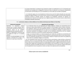132
Educar para una nueva ciudadanía
Los grupos desarrollan un producto (cuya selección sucede en coordinación con el o la docente) para
comunicar los resultados de su indagación al resto de la clase. En plenaria, la o el docente complementa
la información suministrada por los y las estudiantes con otras ideas que considere apropiadas.
- La o el docente asigna a las y los estudiantes la lectura de una serie de relatos (estudios de caso) sobre
el papel de la Iglesia Católica, en el control social y cultural en diversos pueblos y territorios del continente
americano durante el periodo colonial. Al respecto, los estudiantes comentan en plenaria sus
apreciaciones en relación con el papel que tuvo la Iglesia Católica en la estructura social y cultural de las
sociedades coloniales americanas.
B. La estructura urbana y la vida cotidiana en las colonias americanas (con énfasis en Costa Rica)
Criterios de evaluación Situaciones de aprendizaje
Identificar la estructura urbana
impuesta por el imperio español sobre
los territorios coloniales en América y su
influencia actual en las ciudades
fundadas durante el período colonial.
- La o el docente inicia con una explicación por medio de figuras o dibujos, las características de la
estructura urbana desarrollada por el imperio español en las principales centros urbanos coloniales.
Con antelación, solicita a los y las estudiantes levantar un croquis del trazado urbano de la cabecera
de cantón de la comunidad donde vive. En clase, los y las estudiantes entregan un reporte escrito y
comunican oralmente los hallazgos en relación con las similitudes y diferencias entre las ciudades
actuales en Costa Rica y la estructura colonial impuesta por los españoles.
- Luego, el o la docente elabora un material expositivo por medio del cual explica las características de
los pueblos de indios en el periodo colonial en América y particularmente para el caso costarricense.
Las y los estudiantes participan de un conversatorio respecto al impacto que tuvieron los pueblos de
indios sobre las sociedades indígenas en Costa Rica.
- Las y los estudiantes hacen lectura de un material escrito suministrado a través de libros, artículos de
Internet u otros en el cual se describen cómo se desarrollaba la vida cotidiana el periodo colonial. Con
base en ello, los y las estudiantes escriben un ensayo pequeño (máximo 1 página de extensión) en relación
a cuáles de los rasgos que se estudiaron de la vida cotidiana y de la situación de la mujer y la infancia en
la Costa Rica colonial son posibles de observar en la sociedad actual. El o la docente recopila información
con el propósito de crear una puesta en común con base en las opiniones de los estudiantes.
Explicar la organización y estructura de
los pueblos de indios en la sociedad
colonial.
Conocer las particularidades de la vida
colonial, la situación de la mujer, y la
infancia en lo que hoy es Costa Rica.
 
