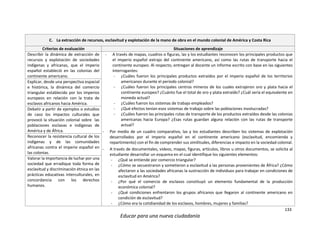 133
Educar para una nueva ciudadanía
C. La extracción de recursos, esclavitud y explotación de la mano de obra en el mundo colonial de América y Costa Rica
Criterios de evaluación Situaciones de aprendizaje
Describir la dinámica de extracción de
recursos y explotación de sociedades
indígenas y africanas, que el imperio
español estableció en las colonias del
continente americano.
- A través de mapas, cuadros o figuras, las y los estudiantes reconocen los principales productos que
el imperio español extrajo del continente americano, así como las rutas de transporte hacia el
continente europeo. Al respecto, entregan al docente un informe escrito con base en las siguientes
interrogantes:
- ¿Cuáles fueron los principales productos extraídos por el imperio español de los territorios
americanos durante el periodo colonial?
- ¿Cuáles fueron los principales centros mineros de los cuales extrajeron oro y plata hacia el
continente europeo? ¿Cuánto fue el total de oro y plata extraído? ¿Cuál sería el equivalente en
moneda actual?
- ¿Cuáles fueron los sistemas de trabajo empleados?
- ¿Qué efectos tenían esos sistemas de trabajo sobre las poblaciones involucradas?
- ¿Cuáles fueron las principales rutas de transporte de los productos extraídos desde las colonias
americanas hacia Europa? ¿Esas rutas guardan alguna relación con las rutas de transporte
actual?
- Por medio de un cuadro comparativo, las y los estudiantes describen los sistemas de explotación
desarrollados por el imperio español en el continente americano (esclavitud, encomienda y
repartimiento) con el fin de comprender sus similitudes, diferencias e impacto en la sociedad colonial.
- A través de documentales, videos, mapas, figuras, artículos, libros u otros documentos, se solicita al
estudiante desarrollar un esquema en el cual identifique los siguientes elementos:
- ¿Qué se entiende por comercio triangular?
- ¿Cómo se secuestraron y sometieron a esclavitud a las personas provenientes de África? ¿Cómo
afectaron a las sociedades africanas la sustracción de individuos para trabajar en condiciones de
esclavitud en América?
- ¿Por qué el comercio de esclavos constituyó un elemento fundamental de la producción
económica colonial?
- ¿Qué condiciones enfrentaron los grupos africanos que llegaron al continente americano en
condición de esclavitud?
- ¿Cómo era la cotidianidad de los esclavos, hombres, mujeres y familias?
Explicar, desde una perspectiva espacial
e histórica, la dinámica del comercio
triangular establecido por los imperios
europeos en relación con la trata de
esclavos africanos hacia América.
Debatir a partir de ejemplos o estudios
de caso los impactos culturales que
provocó la situación colonial sobre las
poblaciones esclavas e indígenas de
América y de África.
Reconocer la resistencia cultural de los
indígenas y de las comunidades
africanas contra el imperio español en
las colonias.
Valorar la importancia de luchar por una
sociedad que erradique toda forma de
esclavitud y discriminación étnica en las
prácticas educativas interculturales, en
concordancia con los derechos
humanos.
 