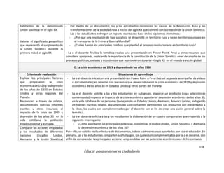 158
Educar para una nueva ciudadanía
habitantes de la denominada
Unión Soviética en el siglo XX.
- Por medio de un documental, las y los estudiantes reconocen las causas de la Revolución Rusa y las
transformaciones de la sociedad rusa a inicios del siglo XX que culminó con la creación de la Unión Soviética.
Las y los estudiantes entregan un reporte escrito con base en los siguientes elementos:
- ¿Por qué una revolución de tipo socialista se desarrolló en territorio ruso y no en territorio europeo en
el transcurso de la Primera Guerra Mundial?
- ¿Cuáles fueron los principales cambios que planteó el proceso revolucionario en territorio ruso?
- La o el docente finaliza la temática realiza una presentación en Power Point, Prezi u otros recursos que
considere apropiado, explicando la importancia de la constitución de la Unión Soviética en el desarrollo de los
procesos políticos, sociales y económicos que acontecieron durante el siglo XX en el mundo a escala global.
Valorar el significado geopolítico
que representó el surgimiento de
la Unión Soviética durante la
primera mitad el siglo XX.
C. La crisis económica de 1929 y depresión de los años 1930
Criterios de evaluación Situaciones de aprendizaje
Explicar los principales factores
que propiciaron la crisis
económica de 1929 y la depresión
de los años de 1930 en Estados
Unidos y otras regiones del
Planeta.
- La o el docente inicia con una presentación en Power Point o Prezi (la cual se puede acompañar de vídeos
o documentales) en relación con las causas que desencadenaron la crisis económica de 1929 y depresión
económica de los años 30 en Estados Unidos y otras partes del Planeta.
- La o el docente solicita a las y los estudiantes en sub-grupo, elaborar un producto (cuya selección es
consensuada) respecto al impacto de la crisis económica y posterior depresión económica de los años 30,
en la vida cotidiana de las personas (por ejemplo en Estados Unidos, Alemania, América Latina), indagando
en fuentes escritas, relatos, documentales u otras fuentes pertinentes. Los productos son presentados a
la clase, los cuales son complementados por el docente con el fin de crear una visión general sobre la
temática.
- La o el docente solicita a las y los estudiantes la elaboración de un cuadro comparativo que responda a la
siguiente interrogante:
- ¿Cómo abordaron las principales potencias económicas (Estados Unidos, Unión Soviética y Alemania
la depresión económica de los años 30?
Para ello, se solicita realizar lectura de documentos, vídeos u otros recursos aportados por la o el educador. En
plenaria, las y los estudiantes comparten sus hallazgos, los cuales son complementados por la o el docente, con
el fin de comprender las principales acciones emprendidas por las potencias económicas en dicho contexto.
Reconocer; a través de relatos,
documentales, noticias, informes
escritos u otros recursos; el
impacto de la crisis de 1929 y
depresión de los años 30 en la
vida cotidiana la población
estadounidense y europea.
Comparar las acciones empleadas
y los resultados de diferentes
naciones (Estados Unidos,
Alemania y la Unión Soviética)
 