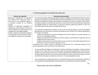 170
Educar para una nueva ciudadanía
B. Tensiones geopolíticas con trasfondo de la guerra fría
Criterios de evaluación Situaciones de aprendizaje
Reconocer espacialmente la relevancia
del conflicto entre Corea del Norte y
Corea del Sur en la estabilidad regional y
la amenaza mundial de un conflicto
nuclear.
- La o el docente asigna a diferentes grupos de trabajo, la indagación de información sobre las causas,
procesos y consecuencias actuales de diversos procesos geopolíticos que ocurren en varias regiones
del Planeta heredados de la guerra fría (conflicto en la península coreana y el conflicto árabe-israelí).
Al respecto, elaboran un producto (de selección en coordinación con la o el docente) que represente
los hallazgos hechos, las repercusiones a escala local, regional y global del conflicto así como las
principales repercusiones para la sociedad costarricense.
- La o el docente complementa el trabajo, con el uso de una serie de mapas o el uso de tecnologías
geoespaciales, para demostrar los procesos espaciales que han influido en los conflictos geopolíticos
en estudio, por ejemplo:
- Mapas que demuestren la posición estratégica de Corea del Norte en el sureste asiático y la
amenaza a la estabilidad regional.
-Mapas que demuestren los cambios al territorio palestino-israelí durante el siglo XX y XXI y la
configuración del medio oriente.
-Mapas que demuestren los recientes hechos en los que Rusia ha intervenido regionalmente en
territorios circunvecinos (Ucrania, Georgia u otros).
El propósito de los mapas consiste en desarrollar la comprensión de la naturaleza espacial de los
procesos geopolíticos que caracterizan la sociedad actual.
- Las y los estudiantes indagan con antelación en noticias publicadas en periódicos o internet eventos
recientes en los cuales Rusia se ha envuelto desde una perspectiva geopolítica y militar (Ucrania,
Georgia, Siria, entre otros). A través de un esquema, describen los principales hechos que ocurrieron
en dichas regiones del Planeta, los cuales son presentados en Plenaria al resto de la clase, con el fin
de identificar principales características de Rusia en el contexto geopolítico actual.
- Para complementar el trabajo efectuado, la o el docente realiza una breve presentación audiovisual
en la que explica el papel geopolítico actual de Rusia en el contexto de un mundo multipolar.
Analizar la dimensión geopolítica y
espacial del conflicto político-militar entre
Israel y Palestina y las repercusiones en la
sociedad civil y paz regional-global.
Analizar, desde una perspectiva espacial,
el rol geopolítico que ha asumido Rusia a
nivel regional y mundial en la actualidad.
 