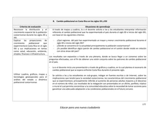 177
Educar para una nueva ciudadanía
B. Cambio poblacional en Costa Rica en los siglos XX y XXI
Criterios de evaluación Situaciones de aprendizaje
Reconocer la distribución y el
crecimiento espacial de la población
costarricense durante los siglos XX y
XXI.
- A través de mapas y cuadros, la o el docente solicita a las y los estudiantes interpretar información
referente al cambio poblacional que ha experimentado el país durante el siglo XX e inicios del siglo XXI,
con base en los siguientes criterios:
-
- ¿Qué regiones del país han experimentado un mayor y menor crecimiento poblacional durante el
siglo XX e inicios del siglo XXI?
- ¿Dónde se concentra en la actualidad principalmente la población costarricense?
- ¿Es posible identificar algún patrón de cambio poblacional en el cantón donde resido en relación
con otras áreas del país?
-
Los resultados son expuestos a través de una plenaria, donde se busca llegar a un consenso sobre las
preguntas efectuadas, con el fin de obtener una visión conjunta sobre los patrones de cambio poblacional
en el país.
- La o el docente inicia una presentación a través de gráficos y cuadros, en la cual plantea el escenario de
cambio poblacional que se espera enfrente Costa Rica durante el presente siglo.
- Se solicita a las y los estudiantes en sub-grupos, indagar en fuentes escritas o de Internet, sobre las
implicaciones que tendrá para la sociedad costarricense, las características del crecimiento poblacional
que se experimentará, principalmente referido al aumento de personas adultas mayores y el descenso
en el número de niños. Los resultados de la indagación son presentados en un afiche, panfleto, tríptico
o mural el cual permita concientizar a la comunidad educativa sobre la necesidad de tomar acciones para
garantizar una adecuada adaptación a las condiciones poblacionales en el futuro cercano.
Explicar las proyecciones de
crecimiento poblacional que
experimentará Costa Rica en el siglo
XXI y sus implicaciones en temas
como salud, educación, ambiente,
empleo, finanzas e infraestructura.
Utilizar cuadros, gráficos, mapas y
tecnologías geoespaciales para el
análisis del estado y dinámica
poblacional costarricense.
 