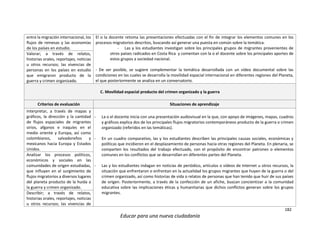 182
Educar para una nueva ciudadanía
entre la migración internacional, los
flujos de remesas y las economías
de los países en estudio.
El o la docente retoma las presentaciones efectuadas con el fin de integrar los elementos comunes en los
procesos migratorios descritos, buscando así generar una puesta en común sobre la temática.
- Las y los estudiantes investigan sobre los principales grupos de migrantes provenientes de
otros países radicados en Costa Rica y comentan con la o el docente sobre los principales aportes de
estos grupos a sociedad nacional.
- De ser posible, se sugiere complementar la temática desarrollada con un vídeo documental sobre las
condiciones en las cuales se desarrolla la movilidad espacial internacional en diferentes regiones del Planeta,
el que posteriormente se analiza en un conversatorio.
Valorar; a través de relatos,
historias orales, reportajes, noticias
u otros recursos; las vivencias de
personas en los países en estudio
que emigraron producto de la
guerra y crimen organizado.
C. Movilidad espacial producto del crimen organizado y la guerra
Criterios de evaluación Situaciones de aprendizaje
Interpretar, a través de mapas y
gráficos, la dirección y la cantidad
de flujos espaciales de migrantes
sirios, afganos e iraquíes en el
medio oriente y Europa, así como
colombianos, salvadoreños y
mexicanos hacia Europa y Estados
Unidos.
- La o el docente inicia con una presentación audiovisual en la que, con apoyo de imágenes, mapas, cuadros
y gráficos explica dos de los principales flujos migratorios contemporáneos producto de la guerra o crimen
organizado (referidos en las temáticas).
- En un cuadro comparativo, las y los estudiantes describen las principales causas sociales, económicas y
políticas que incidieron en el desplazamiento de personas hacia otras regiones del Planeta. En plenaria, se
comparten los resultados del trabajo efectuado, con el propósito de encontrar patrones o elementos
comunes en los conflictos que se desarrollan en diferentes partes del Planeta.
- Las y los estudiantes indagan en noticias de periódico, artículos o vídeos de Internet u otros recursos, la
situación que enfrentaron o enfrentan en la actualidad los grupos migrantes que huyen de la guerra o del
crimen organizado, así como historias de vida o relatos de personas que han tenido que huir de sus países
de origen. Posteriormente, a través de la confección de un afiche, buscan concientizar a la comunidad
educativa sobre las implicaciones éticas y humanitarias que dichos conflictos generan sobre los grupos
migrantes.
Analizar los procesos políticos,
económicos y sociales en las
comunidades de origen estudiadas,
que influyen en el surgimiento de
flujos migratorios a diversos lugares
del planeta producto de la huida a
la guerra y crimen organizado.
Describir; a través de relatos,
historias orales, reportajes, noticias
u otros recursos; las vivencias de
 