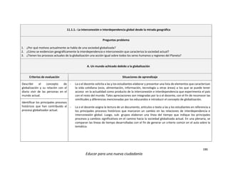 186
Educar para una nueva ciudadanía
11.1.1.- La interconexión e interdependencia global desde la mirada geográfica
Preguntas problema
1. ¿Por qué motivos actualmente se habla de una sociedad globalizada?
2. ¿Cómo se evidencian geográficamente la interdependencia e interconexión que caracteriza la sociedad actual?
3. ¿Tienen los procesos actuales de la globalización una acción igual sobre todos los seres humanos y regiones del Planeta?
A. Un mundo achicado debido a la globalización
Criterios de evaluación Situaciones de aprendizaje
Describir el concepto de
globalización y su relación con el
diario vivir de las personas en el
mundo actual.
- La o el docente solicita a las y los estudiantes elaborar y presentar una lista de elementos que caracterizan
la vida cotidiana (ocio, alimentación, información, tecnología u otras áreas) a los que se puede tener
acceso en la actualidad como producto de la interconexión e interdependencia que experimenta el país
con el resto del mundo. Tales apreciaciones son integradas por la o el docente, con el fin de reconocer las
similitudes y diferencias mencionadas por los educandos e introducir el concepto de globalización.
- La o el docente asigna la lectura de un documento, artículos o texto a las y los estudiantes en referencia a
los principales procesos históricos que marcaron un cambio en las relaciones de interdependencia e
interconexión global. Luego, sub- grupos elaboran una línea del tiempo que indique los principales
procesos y cambios significativos en el camino hacia la sociedad globalizada actual. En una plenaria, se
comparan las líneas de tiempo desarrolladas con el fin de generar un criterio común en el aula sobre la
temática.
Identificar los principales procesos
históricos que han contribuido al
proceso globalizador actual.
 