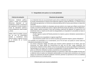 190
Educar para una nueva ciudadanía
D. Desigualdades entre países en un mundo globalizado
Criterios de evaluación Situaciones de aprendizaje
Relacionar; mediante gráficos,
cuadros y mapas; las principales
diferencias espaciales en las
condiciones sociales y económicas
de la población a escala mundial a
través de indicadores (pobreza,
nivel de alfabetismo, salud, empleo
u otros).
- La o el docente inicia con una presentación acerca de las condiciones de inequidad o desigualdad que en
el mundo contemporáneo se expresa entre diferentes regiones y países del Planeta, y su relación con las
dificultades para garantizar un mínimo de condiciones básicas del ser humano para alcanzar un desarrollo
sostenible.
- Las y los estudiantes se dividen en sub-grupos, para que analicen unos mapas que reflejan características
sociales y económicas de diferentes países o regiones del Planeta (mapas de pobreza, nivel de alfabetismo,
salud, empleo, salarios promedio u otros que consideren oportunos de explorar). Al respecto los y las
estudiantes harán un reporte escrito sobre las desigualdades y la inequidad en la actualidad con base en
los siguientes criterios:
- ¿Cuáles regiones o países del Planeta presentan los mejores y peores indicadores representados en
los mapas?
- ¿Se concentran las inequidades en regiones específicas?
- ¿Qué elementos pueden tener en común los países que presentan mejores y peores indicadores?
Los resultados son presentados en un conversatorio, con el fin de hacer una puesta en común sobre los
indicadores presentados en los mapas.
- Los mismos sub-grupos indagan dos países que muestran valores opuestos en los índices, para que
reconozcan con mayor detalle las características de cada uno de ellos. Luego, prepararán una
presentación, mediante carteles, afiches u otros recursos posibles, las razones que indiquen las diferencias
representadas en los mapas. Así, en plenaria el estudiantado y el docente identifican rasgos comunes de
países con diferentes indicadores sociales y económicos en la sociedad actual.
- En un conversatorio, las y los estudiantes plantean sus opiniones e ideas sobre las posibles acciones que
se deberían tomar en países con indicadores desfavorables en el campo social y económico, con el fin de
mejorar las condiciones de vida de la población. Asimismo, plantean sus opiniones en torno a la viabilidad
de dichas acciones en el contexto actual.
Debatir sobre las posibles razones
por las que las disparidades
sociales y económicas entre
diversos países o regiones ocurren
en el contexto de un mundo
globalizado.
 