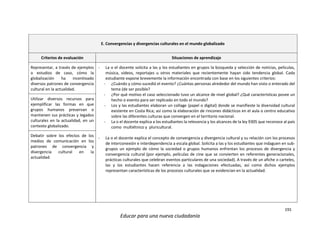 191
Educar para una nueva ciudadanía
E. Convergencias y divergencias culturales en el mundo globalizado
Criterios de evaluación Situaciones de aprendizaje
Representar, a través de ejemplos
o estudios de caso, cómo la
globalización ha incentivado
diversos patrones de convergencia
cultural en la actualidad.
- La o el docente solicita a las y los estudiantes en grupos la búsqueda y selección de noticias, películas,
música, vídeos, reportajes u otros materiales que recientemente hayan sido tendencia global. Cada
estudiante expone brevemente la información encontrada con base en los siguientes criterios:
- ¿Cuándo y cómo sucedió el evento? ¿Cuántas personas alrededor del mundo han visto o enterado del
tema (de ser posible?
- ¿Por qué motivo el caso seleccionado tuvo un alcance de nivel global? ¿Qué características posee un
hecho o evento para ser replicado en todo el mundo?
- Los y las estudiantes elaboran un collage (papel o digital) donde se manifieste la diversidad cultural
existente en Costa Rica; así como la elaboración de rincones didácticos en el aula o centro educativo
sobre las diferentes culturas que convergen en el territorio nacional.
- La o el docente explica a los estudiantes la relevancia y los alcances de la ley 9305 que reconoce al país
como multiétnico y pluricultural.
- La o el docente explica el concepto de convergencia y divergencia cultural y su relación con los procesos
de interconexión e interdependencia a escala global. Solicita a las y los estudiantes que indaguen en sub-
grupos un ejemplo de cómo la sociedad o grupos humanos enfrentan los procesos de divergencia y
convergencia cultural (por ejemplo, películas de cine que se convierten en referentes generacionales,
prácticas culturales que celebran eventos particulares de una sociedad). A través de un afiche o carteles,
las y los estudiantes hacen referencia a las indagaciones efectuadas, así como dichos ejemplos
representan características de los procesos culturales que se evidencian en la actualidad.
Utilizar diversos recursos para
ejemplificar las formas en que
grupos humanos preservan o
mantienen sus prácticas y legados
culturales en la actualidad, en un
contexto globalizado.
Debatir sobre los efectos de los
medios de comunicación en los
patrones de convergencia y
divergencia cultural en la
actualidad.
 