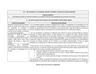 70
Educar para una nueva ciudadanía
7.1.1.- Del nomadismo a las sociedades agrícolas: movilidad y ocupación del espacio geográfico
Pregunta problema
1. ¿Qué impacto produjo la revolución neolítica en la transformación del espacio geográfico por parte del ser humano?
A. Los primeros pasos del ser humano: de los homínidos al Homo sapiens sapiens
Criterios de evaluación Situaciones de aprendizaje
Describir la evolución del ser humano
desde los primeros homínidos hasta
las sociedades de cazadores y
recolectores del mundo antiguo en
relación con los cambios en el acceso
y uso del espacio geográfico.
- La o el docente organiza la clase en subgrupos para realizar un sociodrama. En la actividad, las y los
estudiantes representarán qué hubiera pasado si el ser humano no hubiese desarrollado el bipedismo, el
lenguaje, la capacidad de construir herramientas o el control del fuego. Luego del sociodrama, en plenaria
las y los estudiantes valoran la relevancia de los cambios evolutivos en nuestra vida cotidiana.
- Las y los estudiantes se organizan en subgrupos para analizar el proceso acaecido desde los primeros
homínidos al Homo sapiens sapiens. A cada subgrupo se le asignará una etapa evolutiva distinta
respondiendo a: ¿Qué cambios en el desarrollo, le supuso al ser humano esa etapa evolutiva? Para ello,
usarán material expositivo (cartel, mural, periódico, blog, Prezi, u otro) que detalle los principales rasgos de
la evolución. Luego, la o el docente organiza la exposición de los grupos, de tal manera que, el estudiantado
reconozca el proceso evolutivo del ser humano y los cambios experimentados. Al final se puede
complementar el trabajo con un video, documental o película sobre la evolución del ser humano.
- Posteriormente, en forma individual, las y los estudiantes toman como referencia un mapa político del
mundo, así como, un mapa de la expansión (espacio-temporal) del Homo sapiens sapiens desde África hacia
otras regiones del mundo y responden a preguntas como:
 ¿Hacia qué regiones del Planeta se movilizó el Homo sapiens sapiens?
 ¿Cuándo se efectuó la expansión del ser humano a Europa, Medio Oriente, el este de Asia,
Australia, Siberia y Norteamérica?
 ¿Por qué el ser humano tardó más en llegar al continente americano que a otras regiones del
mundo?
- Por medio de un dibujo, el estudiantado representa lo que considera podría significar vivir en nomadismo,
específicamente en una vida de caza y recolección. Estos dibujos se presentan en el aula y, la o el docente
Reconocer, a través de mapas o
tecnologías geoespaciales, la
movilidad espacial del Homo sapiens
sapiens, desde África hacia otras
regiones del Planeta a través del
tiempo.
Identificar las principales
características sociales, económicas,
políticas y culturales de las sociedades
de cazadores y recolectores en el
mundo.
 