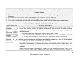79
Educar para una nueva ciudadanía
7.2.1.- Sociedades complejas y sociedades autóctonas de lo que hoy es América y Costa Rica
Preguntas problema
1. ¿De qué manera cambiaron las sociedades autóctonas del continente americano previo al surgimiento de los grandes imperios que conocieron
los españoles?
2. ¿Qué organización social, económica, política y cultural distingue a las civilizaciones originarias de América?
3. ¿Cuál es la conexión entre el legado cultural de las sociedades originarias de América y la sociedad actual?
4. ¿De qué manera las poblaciones descendentes de las sociedades originarias de América pueden afrontar los desafíos de la actualidad?
A. Dimensión espacial-temporal de las sociedades azteca, maya e incas
Criterios de evaluación Situaciones de aprendizaje
Reconocer el
surgimiento y la
localización espacial de
las principales
civilizaciones originarias
de lo que hoy es América
- La o el docente explica a los y las estudiantes, con la ayuda de mapas el proceso de poblamiento de América y la
relación de los territorios ocupados por sociedades aborígenes y su evolución antes de las grandes civilizaciones
mayas, aztecas e incas. Solicita a los y las estudiantes escribir en trozos de papel sus opiniones o ideas respecto a las
siguientes preguntas:
- ¿Dónde creen que vivieron las sociedades autóctonas de América en el pasado?
- ¿Cómo se establecieron? ; ¿qué ofrecía el medio natural? ¿Cómo creen que era el paisaje de los lugares donde
se asentaron las sociedades azteca, maya e inca, así como las sociedades autóctonas de Costa Rica?
La o el docente solicita pegar todas las respuestas en un espacio dedicada para tal fin, con el propósito de retratar
algunos de los conocimientos previos y apreciaciones del estudiantado en relación con el tema. Una vez sistematizados,
la o el docente realiza una plenaria para compartir dichas apreciaciones.
- Con el apoyo de textos, artículos, videos u otros recursos, la o el docente asigna a las y los estudiantes la elaboración
de una línea de tiempo referente al surgimiento y desarrollo de las sociedades autóctonas de América (azteca, maya,
inca). Luego, exponen el trabajo efectuado con el fin de reconocer los diferentes periodos de desarrollo de dichas
sociedades.
- Las y los estudiantes trabajan en sub-grupos y se les asigna una de las sociedades autóctonas en estudio. De ella,
elaboran un producto (carteles, videos, panfletos, murales u otro) sobre las características del espacio geográfico que
Comparar las
condiciones geográficas
que favorecieron el
desarrollo de las
civilizaciones Inca,
Azteca y Maya.
 