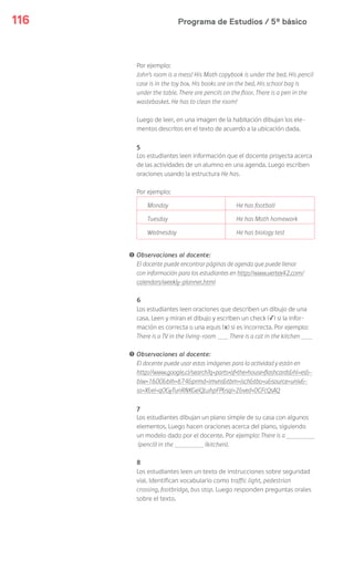 Programa de Estudios / 5º básico116
Por ejemplo:
John’s room is a mess! His Math copybook is under the bed. His pencil
case is in the toy box. His books are on the bed. His school bag is
under the table. There are pencils on the floor. There is a pen in the
wastebasket. He has to clean the room!
Luego de leer, en una imagen de la habitación dibujan los ele-
mentos descritos en el texto de acuerdo a la ubicación dada.
5
Los estudiantes leen información que el docente proyecta acerca
de las actividades de un alumno en una agenda. Luego escriben
oraciones usando la estructura He has.
Por ejemplo:
Monday He has football
Tuesday He has Math homework
Wednesday He has biology test
! Observaciones al docente:
El docente puede encontrar páginas de agenda que puede llenar
con información para los estudiantes en http://www.vertex42.com/
calendars/weekly-planner.html
6
Los estudiantes leen oraciones que describen un dibujo de una
casa. Leen y miran el dibujo y escriben un check (✓) si la infor-
mación es correcta o una equis (x) si es incorrecta. Por ejemplo:
There is a TV in the living-room There is a cat in the kitchen
! Observaciones al docente:
El docente puede usar estas imágenes para la actividad y están en
http://www.google.cl/search?q=parts+of+the+house+flashcards&hl=es&-
biw=1600&bih=674&prmd=imvns&tbm=isch&tbo=u&source=univ&-
sa=X&ei=qOGyTunRNKGeiQLuhpFP&sqi=2&ved=0CFcQsAQ
7
Los estudiantes dibujan un plano simple de su casa con algunos
elementos. Luego hacen oraciones acerca del plano, siguiendo
un modelo dado por el docente. Por ejemplo: There is a
(pencil) in the (kitchen).
8
Los estudiantes leen un texto de instrucciones sobre seguridad
vial. Identifican vocabulario como traffic light, pedestrian
crossing, footbridge, bus stop. Luego responden preguntas orales
sobre el texto.
 