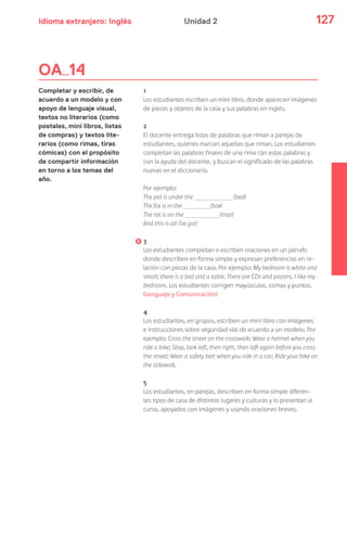 Idioma extranjero: Inglés 127Unidad 2
1
Los estudiantes escriben un mini libro, donde aparecen imágenes
de piezas y objetos de la casa y sus palabras en inglés.
2
El docente entrega listas de palabras que riman a parejas de
estudiantes, quienes marcan aquellas que riman. Los estudiantes
completan las palabras finales de una rima con estas palabras y
con la ayuda del docente, y buscan el significado de las palabras
nuevas en el diccionario.
Por ejemplo:
The pet is under the (bed)
The fox is in the (box)
The rat is on the (mat)
And this is all I’ve got!
3
Los estudiantes completan o escriben oraciones en un párrafo
donde describen en forma simple y expresan preferencias en re-
lación con piezas de la casa. Por ejemplo: My bedroom is white and
small; there is a bed and a table. There are CDs and posters. I like my
bedroom. Los estudiantes corrigen mayúsculas, comas y puntos.
(Lenguaje y Comunicación)
4
Los estudiantes, en grupos, escriben un mini libro con imágenes
e instrucciones sobre seguridad vial de acuerdo a un modelo. Por
ejemplo: Cross the street on the crosswalk; Wear a helmet when you
ride a bike; Stop, look left, then right, then left again before you cross
the street; Wear a safety belt when you ride in a car; Ride your bike on
the sidewalk.
5
Los estudiantes, en parejas, describen en forma simple diferen-
tes tipos de casa de distintos lugares y culturas y lo presentan al
curso, apoyados con imágenes y usando oraciones breves.
OA 14
Completar y escribir, de
acuerdo a un modelo y con
apoyo de lenguaje visual,
textos no literarios (como
postales, mini libros, listas
de compras) y textos lite-
rarios (como rimas, tiras
cómicas) con el propósito
de compartir información
en torno a los temas del
año.
 