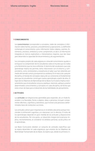 11Idioma extranjero: Inglés
CONOCIMIENTOS
Los conocimientos corresponden a conceptos, redes de conceptos e infor-
mación sobre hechos, procesos, procedimientos y operaciones. La definición
contempla el conocimiento como información (sobre objetos, eventos, fe-
nómenos, procesos, símbolos) y como comprensión, es decir, la información
integrada en marcos explicativos e interpretativos mayores, que dan base
para desarrollar la capacidad de discernimiento y de argumentación.
Los conceptos propios de cada asignatura o área del conocimiento ayudan a
enriquecer la comprensión de los estudiantes sobre el mundo que los rodea
y los fenómenos que les toca enfrentar. El dominio del vocabulario que este
aprendizaje implica les permite, tanto relacionarse con el entorno y com-
prenderlo, como reinterpretar y reexplicarse el saber que han obtenido por
medio del sentido común y la experiencia cotidiana. En el marco de cualquier
disciplina, el manejo de conceptos clave y de sus conexiones es fundamental
para que los estudiantes construyan nuevos aprendizajes a partir de ellos. El
logro de los Objetivos de Aprendizaje de las Bases Curriculares implica nece-
sariamente que el estudiante conozca, explique, relacione, aplique y analice
determinados conocimientos y conceptos en cada disciplina, de forma que
estos sirvan de base para el desarrollo de las habilidades de pensamiento.
ACTITUDES
Las actitudes son disposiciones aprendidas para responder, de un modo fa-
vorable o no favorable, frente a objetos, ideas o personas; incluyen compo-
nentes afectivos, cognitivos y valorativos, que inclinan a las personas a deter-
minados tipos de conductas o acciones.
Las actitudes cobran gran importancia en el ámbito educativo porque tras-
cienden la dimensión cognitiva y se relacionan con lo afectivo. El éxito de
los aprendizajes depende en gran medida de las actitudes y disposiciones
de los estudiantes. Por otra parte, un desarrollo integral de la persona im-
plica, necesariamente, el considerar los ámbitos personal, social y ético en
el aprendizaje.
Las Bases Curriculares detallan un conjunto de actitudes específicas que
se espera desarrollar en cada asignatura, que emanan de los Objetivos de
Aprendizaje Transversales de las Bases. Se espera que, desde los primeros ni-
Nociones básicas
 
