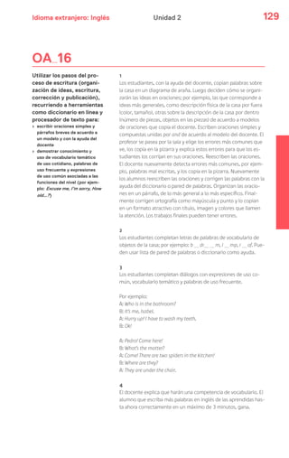 Idioma extranjero: Inglés 129Unidad 2
1
Los estudiantes, con la ayuda del docente, copian palabras sobre
la casa en un diagrama de araña. Luego deciden cómo se organi-
zarán las ideas en oraciones; por ejemplo, las que corresponde a
ideas más generales, como descripción física de la casa por fuera
(color, tamaño), otras sobre la descripción de la casa por dentro
(número de piezas, objetos en las piezas) de acuerdo a modelos
de oraciones que copia el docente. Escriben oraciones simples y
compuestas unidas por and de acuerdo al modelo del docente. El
profesor se pasea por la sala y elige los errores más comunes que
ve, los copia en la pizarra y explica estos errores para que los es-
tudiantes los corrijan en sus oraciones. Reescriben las oraciones.
El docente nuevamente detecta errores más comunes, por ejem-
plo, palabras mal escritas, y los copia en la pizarra. Nuevamente
los alumnos reescriben las oraciones y corrigen las palabras con la
ayuda del diccionario o pared de palabras. Organizan las oracio-
nes en un párrafo, de lo más general a lo más específico. Final-
mente corrigen ortografía como mayúscula y punto y lo copian
en un formato atractivo con título, imagen y colores que llamen
la atención. Los trabajos finales pueden tener errores.
2
Los estudiantes completan letras de palabras de vocabulario de
objetos de la casa; por ejemplo: b dr m, l mp, r of. Pue-
den usar lista de pared de palabras o diccionario como ayuda.
3
Los estudiantes completan diálogos con expresiones de uso co-
mún, vocabulario temático y palabras de uso frecuente.
Por ejemplo:
A: Who is in the bathroom?
B: It’s me, Isabel.
A: Hurry up! I have to wash my teeth.
B: Ok!
A: Pedro! Come here!
B: What’s the matter?
A: Come! There are two spiders in the kitchen!
B: Where are they?
A: They are under the chair.
4
El docente explica que harán una competencia de vocabulario. El
alumno que escriba más palabras en inglés de las aprendidas has-
ta ahora correctamente en un máximo de 3 minutos, gana.
OA 16
Utilizar los pasos del pro-
ceso de escritura (organi-
zación de ideas, escritura,
corrección y publicación),
recurriendo a herramientas
como diccionario en línea y
procesador de texto para:
› escribir oraciones simples y
párrafos breves de acuerdo a
un modelo y con la ayuda del
docente
› demostrar conocimiento y
uso de vocabulario temático
de uso cotidiano, palabras de
uso frecuente y expresiones
de uso común asociadas a las
funciones del nivel (por ejem-
plo: Excuse me, I’m sorry, How
old…?)
 