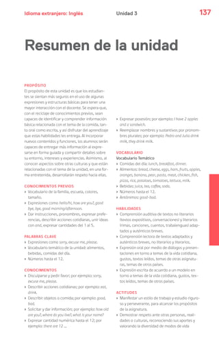 Idioma extranjero: Inglés 137Unidad 3
PROPÓSITO
El propósito de esta unidad es que los estudian-
tes se sientan más seguros en el uso de algunas
expresiones y estructuras básicas para tener una
mayor interacción con el docente. Se espera que,
con el reciclaje de conocimientos previos, sean
capaces de identificar y comprender información
básica relacionada con el tema de la comida, tan-
to oral como escrita, y así disfrutar del aprendizaje
que estas habilidades les entrega. Al incorporar
nuevos contenidos y funciones, los alumnos serán
capaces de entregar más información al expre-
sarse en forma guiada y compartir detalles sobre
su entorno, intereses y experiencias. Asimismo, al
conocer aspectos sobre otras culturas y que están
relacionadas con el tema de la unidad, en una for-
ma entretenida, desarrollarán respeto hacia ellas.
CONOCIMIENTOS PREVIOS
› Vocabulario de la familia, escuela, colores,
tamaño.
› Expresiones como hello/hi, how are you?, good
bye, bye, good morning/afternoon.
› Dar instrucciones, pronombres, expresar prefe-
rencias, describir acciones cotidianas, unir ideas
con and, expresar cantidades del 1 al 5.
PALABRAS CLAVE
› Expresiones como sorry, excuse me, please.
› Vocabulario temático de la unidad: alimentos,
bebidas, comidas del día.
› Números hasta el 12.
CONOCIMIENTOS
› Disculparse y pedir favor; por ejemplo: sorry,
excuse me, please.
› Describir acciones cotidianas; por ejemplo: eat,
drink.
› Describir objetos o comida; por ejemplo: good,
bad.
› Solicitar y dar información; por ejemplo: how old
are you?, where do you live?, what is your name?
› Expresar cantidad numérica hasta el 12; por
ejemplo: there are 12 …
› Expresar posesión; por ejemplo: I have 2 apples
and a sandwich.
› Reemplazar nombres y sustantivos por pronom-
bres plurales; por ejemplo: Pedro and Julia drink
milk, they drink milk.
VOCABULARIO
Vocabulario Temático
› Comidas del día: lunch, breakfast, dinner.
› Alimentos: bread, cheese, eggs, ham, fruits, apples,
oranges, banana, pear, pasta, meat, chicken, fish,
pizza, rice, potatoes, tomatoes, lettuce, milk.
› Bebidas: juice, tea, coffee, soda.
› Números hasta el 12.
› Antónimos: good-bad.
HABILIDADES
› Comprensión auditiva de textos no literarios
(textos expositivos, conversaciones) y literarios
(rimas, canciones, cuentos, trabalenguas) adap-
tados y auténticos breves.
› Comprensión lectora de textos adaptados y
auténticos breves, no literarios y literarios.
› Expresión oral por medio de diálogos y presen-
taciones en torno a temas de la vida cotidiana,
gustos, textos leídos, temas de otras asignatu-
ras, temas de otros países.
› Expresión escrita de acuerdo a un modelo en
torno a temas de la vida cotidiana, gustos, tex-
tos leídos, temas de otros países.
ACTITUDES
› Manifestar un estilo de trabajo y estudio riguro-
so y perseverante, para alcanzar los propósitos
de la asignatura.
› Demostrar respeto ante otras personas, reali-
dades o culturas, reconociendo sus aportes y
valorando la diversidad de modos de vida
Resumen de la unidad
 