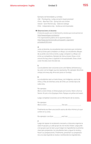 Idioma extranjero: Inglés 155Unidad 3
Ejemplos de festividades y comidas:
USA – Thanksgiving- turkey and yams (sweet potatoes)
China – New Year’s Eve – Spring rolls and chicken
Ireland – Saint Patrick’s day – beef and cabbage
Chile – Independence day – barbecue and empanadas
! Observaciones al docente:
El docente puede usar la información y recetas que se encuentran en
http://www.kidsgen.com/events/
Y los organizadores gráficos de la siguiente página:
http://www.teachervision.fen.com/graphic-organizers/
printable/6293.html
4
Junto al docente, los estudiantes leen oraciones que contienen
instrucciones para completar un dibujo. Los estudiantes dibujan
de acuerdo a las instrucciones. Luego comparan su dibujo con
el de sus compañeros. Ejemplo de instrucciones: Draw a circle
around the boy; draw a copybook in the wastebasket. Draw a book
under the desk. Color the desk red.
5
Los estudiantes leen oraciones acerca de hábitos alimenticios y
las unen con la imagen que las representa. Por ejemplo: Ted drinks
orange juice every day. Anna eats pasta on Sundays.
6
Los estudiantes leen un texto breve, con imágenes, acerca de
niños y niñas de distintas zonas de Chile y la comida típica de
cada zona.
Por ejemplo:
María is from Chiloé. In Chiloé people eat Curanto. Pedro is from La
Serena. He eats a lot of papayas there. Papayas are yellow and sweet.
Luego completan oraciones con la información de los textos.
Por ejemplo:
María is from . She eats .
Finalmente escriben una oración acerca de ellos mismos y lo que
comen en su zona.
Por ejemplo: I am from and I eat .
7
Luego de repasar el vocabulario necesario, el docente organiza la
clase en grupos y a cada grupo da una receta simple. Luego pide
a los grupos que las lean y que traigan los ingredientes la próxima
clase para prepararlas. Los estudiantes leen y siguen la receta y
hacen sus preparaciones. Finalmente, presentan sus preparacio-
nes a la clase leyendo la receta o nombrando los ingredientes.
 