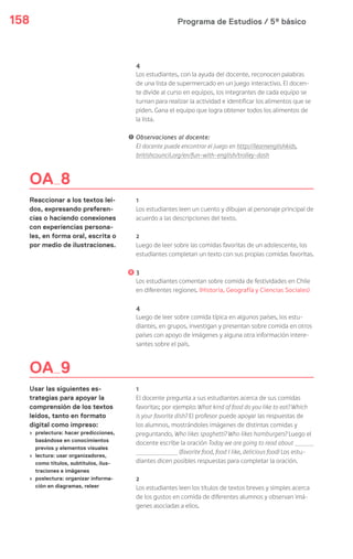 Programa de Estudios / 5º básico158
OA 9
Usar las siguientes es-
trategias para apoyar la
comprensión de los textos
leídos, tanto en formato
digital como impreso:
› prelectura: hacer predicciones,
basándose en conocimientos
previos y elementos visuales
› lectura: usar organizadores,
como títulos, subtítulos, ilus-
traciones e imágenes
› poslectura: organizar informa-
ción en diagramas, releer
4
Los estudiantes, con la ayuda del docente, reconocen palabras
de una lista de supermercado en un juego interactivo. El docen-
te divide al curso en equipos, los integrantes de cada equipo se
turnan para realizar la actividad e identificar los alimentos que se
piden. Gana el equipo que logra obtener todos los alimentos de
la lista.
! Observaciones al docente:
El docente puede encontrar el juego en http://learnenglishkids.
britishcouncil.org/en/fun-with-english/trolley-dash
1
Los estudiantes leen un cuento y dibujan al personaje principal de
acuerdo a las descripciones del texto.
2
Luego de leer sobre las comidas favoritas de un adolescente, los
estudiantes completan un texto con sus propias comidas favoritas.
3
Los estudiantes comentan sobre comida de festividades en Chile
en diferentes regiones. (Historia, Geografía y Ciencias Sociales)
4
Luego de leer sobre comida típica en algunos países, los estu-
diantes, en grupos, investigan y presentan sobre comida en otros
países con apoyo de imágenes y alguna otra información intere-
santes sobre el país.
1
El docente pregunta a sus estudiantes acerca de sus comidas
favoritas; por ejemplo: What kind of food do you like to eat? Which
is your favorite dish? El profesor puede apoyar las respuestas de
los alumnos, mostrándoles imágenes de distintas comidas y
preguntando, Who likes spaghetti? Who likes hamburgers? Luego el
docente escribe la oración Today we are going to read about
(favorite food, food I like, delicious food) Los estu-
diantes dicen posibles respuestas para completar la oración.
2
Los estudiantes leen los títulos de textos breves y simples acerca
de los gustos en comida de diferentes alumnos y observan imá-
genes asociadas a ellos.
OA 8
Reaccionar a los textos leí-
dos, expresando preferen-
cias o haciendo conexiones
con experiencias persona-
les, en forma oral, escrita o
por medio de ilustraciones.
 