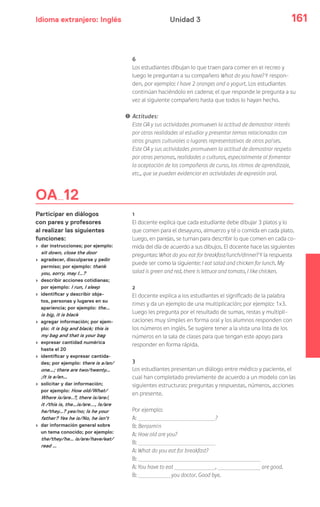 Idioma extranjero: Inglés 161Unidad 3
OA 12
Participar en diálogos
con pares y profesores
al realizar las siguientes
funciones:
› dar instrucciones; por ejemplo:
sit down, close the door
› agradecer, disculparse y pedir
permiso; por ejemplo: thank
you, sorry, may I…?
› describir acciones cotidianas;
por ejemplo: I run, I sleep
› identificar y describir obje-
tos, personas y lugares en su
apariencia; por ejemplo: the…
is big, it is black
› agregar información; por ejem-
plo: it is big and black; this is
my bag and that is your bag
› expresar cantidad numérica
hasta el 20
› identificar y expresar cantida-
des; por ejemplo: there is a/an/
one…; there are two/twenty…
;It is a/an…
› solicitar y dar información;
por ejemplo: How old/What/
Where is/are..?, there is/are/,
it /this is, the…is/are..., Is/are
he/they…? yes/no; Is he your
father? Yes he is/No, he isn’t
› dar información general sobre
un tema conocido; por ejemplo:
the/they/he… is/are/have/eat/
read …
6
Los estudiantes dibujan lo que traen para comer en el recreo y
luego le preguntan a su compañero What do you have? Y respon-
den, por ejemplo: I have 2 oranges and a yogurt. Los estudiantes
continúan haciéndolo en cadena; el que responde le pregunta a su
vez al siguiente compañero hasta que todos lo hayan hecho.
! Actitudes:
Este OA y sus actividades promueven la actitud de demostrar interés
por otras realidades al estudiar y presentar temas relacionados con
otros grupos culturales o lugares representativos de otros países.
Este OA y sus actividades promueven la actitud de demostrar respeto
por otras personas, realidades o culturas, especialmente al fomentar
la aceptación de los compañeros de curso, los ritmos de aprendizaje,
etc., que se pueden evidenciar en actividades de expresión oral.
1
El docente explica que cada estudiante debe dibujar 3 platos y lo
que comen para el desayuno, almuerzo y té o comida en cada plato.
Luego, en parejas, se turnan para describir lo que comen en cada co-
mida del día de acuerdo a sus dibujos. El docente hace las siguientes
preguntas: What do you eat for breakfast/lunch/dinner? Y la respuesta
puede ser como la siguiente: I eat salad and chicken for lunch. My
salad is green and red, there is lettuce and tomato, I like chicken.
2
El docente explica a los estudiantes el significado de la palabra
times y da un ejemplo de una multiplicación; por ejemplo: 1x3.
Luego les pregunta por el resultado de sumas, restas y multipli-
caciones muy simples en forma oral y los alumnos responden con
los números en inglés. Se sugiere tener a la vista una lista de los
números en la sala de clases para que tengan este apoyo para
responder en forma rápida.
3
Los estudiantes presentan un diálogo entre médico y paciente, el
cual han completado previamente de acuerdo a un modelo con las
siguientes estructuras: preguntas y respuestas, números, acciones
en presente.
Por ejemplo:
A: ?
B: Benjamín
A: How old are you?
B:
A: What do you eat for breakfast?
B:
A: You have to eat , are good.
B: you doctor. Good bye.
 