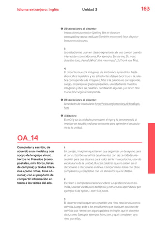 Idioma extranjero: Inglés 163Unidad 3
! Observaciones al docente:
Instrucciones para hacer Spelling Bee en clases en
www.spelling-words-well.com También encontrará listas de pala-
bras para cada curso.
3
Los estudiantes usan en clases expresiones de uso común cuando
interactúan con el docente. Por ejemplo: Excuse me, Sir, may I
close the door, please?; What’s the meaning of …?; Thank you, Miss.
4
El docente muestra imágenes de antónimos aprendidos hasta
ahora, dice la palabra y los estudiantes deben decir true si la pala-
bra corresponde a la imagen o false si la palabra no corresponde.
Luego, en parejas o grupos pequeños, un estudiante muestra
imágenes y dice las palabras, cambiando algunas, y el resto dice
true o false según corresponda.
! Observaciones al docente:
Actividades de vocabulario: http://www.anglomaniacy.pl/foodTopic.
htm
! Actitudes:
Este OA y sus actividades promueven el rigor y la perseverancia al
implicar un estudio y esfuerzo constante para aprender el vocabula-
rio de la unidad.
1
En parejas, imaginan que tienen que organizar un desayuno para
el curso. Escriben una lista de alimentos con las cantidades ne-
cesarias para que alcance para todos en forma equitativa, usando
vocabulario de la unidad. Buscan palabras que no saben en el
diccionario o diccionario en línea. Comparten las listas con otros
compañeros y completan con los alimentos que les faltan.
2
Escriben o completan oraciones sobres sus preferencias en co-
mida, usando vocabulario temático y estructuras aprendidas; por
ejemplo: I like apples, I don’t like pasta.
3
El docente explica que van a escribir una rima relacionada con la
comida. Luego pide a los estudiantes que busquen palabras de
comida que rimen con alguna palabra en inglés que el docente
dice, como Sam; por ejemplo: ham, jam, y que completen una
rima con ellas.
OA 14
Completar y escribir, de
acuerdo a un modelo y con
apoyo de lenguaje visual,
textos no literarios (como
postales, mini libros, listas
de compras) y textos litera-
rios (como rimas, tiras có-
micas) con el propósito de
compartir información en
torno a los temas del año.
 