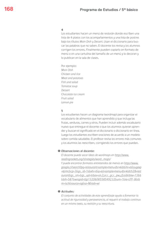 Programa de Estudios / 5º básico168
4
Los estudiantes hacen un menú de restorán donde escriben una
lista de 4 platos con los acompañamientos y una lista de postres
bajo los títulos Main Dish y Dessert. Usan el diccionario para bus-
car las palabras que no saben. El docente los revisa y los alumnos
corrigen los errores. Finalmente pueden copiarlo en formato de
menú o en una cartulina del tamaño de un menú y lo decoran y
lo publican en la sala de clases.
Por ejemplo:
Main Dish
Chicken and rice
Meat and potatoes
Fish and salad
Tomatoe soup
Dessert
Chocolate ice cream
Fruit salad
Lemon pie
5
Los estudiantes hacen un diagrama (wordmap) para organizar el
vocabulario de alimentos que han aprendido y que incluya las
frutas, verduras, carnes y otros. Pueden incluir además vocabulario
nuevo que entregue el docente o que los alumnos quieran apren-
der y buscan el significado en el diccionario o diccionario en línea.
Luego los estudiantes escriben oraciones de acuerdo a un modelo
sobre comida saludable. El profesor revisa los errores más comunes
y los alumnos las reescriben, corrigiendo los errores que puedan.
! Observaciones al docente:
El docente puede sacar ideas de wordmaps en http://www.
readingrockets.org/strategies/word_maps/
Y puede encontrar formatos entretenidos de menús en http://www.
google.cl/search?pq=restaurant+sample+menu+for+kids&hl=es&sugexp
=kjrmc&cp=3&gs_id=1o&xhr=t&q=esl+sample+menu+for+kids%2B+rest
aurant&gs_sm=&gs_upl=&bav=on.2,or.r_gc.r_pw.,cf.osb&biw=1366
&bih=587&wrapid=tljp1320608558549232&um=1&ie=UTF-8&tb
m=isch&source=og&sa=N&tab=wi
! Actitudes:
El conjunto de actividades de este aprendizaje ayuda a fomentar la
actitud de rigurosidad y perseverancia, al requerir el trabajo continuo
en un mismo texto, su revisión y su reescritura.
 