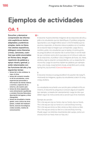 Programa de Estudios / 5º básico186
OA 1
Escuchar y demostrar
comprensión de informa-
ción explícita en textos
adaptados y auténticos
simples, tanto no litera-
rios (textos expositivos,
diálogos) como literarios
(rimas, canciones, cuen-
tos) que estén enunciados
en forma clara, tengan
repetición de palabras y
apoyo visual y gestual, y
estén relacionados con
las funciones del año y los
siguientes temas:
› temas de la vida cotidiana: la
ropa, el clima
› temas del contexto inmedia-
to de los estudiantes, como
experiencias personales e
información de interés relativa
a eventos y aspectos de su
entorno y de nuestro país
› temas de otras asignaturas,
como alimentación equilibrada
y variada (Ciencias Naturales),
descripción de lugares y clima
(Geografía)
› temas de actualidad e interés
global, como cultura de otros
países, cuidado del medioam-
biente, avances tecnológicos
(redes sociales, medios de
comunicación)
Ejemplos de actividades
1
El docente muestra distintas imágenes de las estaciones del año y
pide a los estudiantes que las identifiquen. El profesor pregunta:
(apuntando a una imagen) What season is this? A medida que los
alumnos responden, el docente coloca la palabra con el nombre
de la estación bajo la imagen que corresponde. Luego dice su
nombre y pide a los estudiantes que la repitan. A continuación,
les pregunta What’s the weather like in winter? Does it rain? A medi-
da que contestan acerca de lo que pasa con el clima en cada una
de las estaciones, el profesor coloca imágenes de lluvia, sol, nieve,
etcétera, bajo la estación correspondiente, con su respectiva for-
ma escrita. Luego los alumnos repiten las palabras; por ejemplo:
rainy, cold, cloudy, snowy (winter); cloudy, windy (fall), warm, windy
(spring) hot, dry (summer). (Ciencias Naturales)
2
El docente introduce la pregunta What’s the weather like today? Y,
mostrando las imágenes, ayuda a los estudiantes a decir It’s rainy,
snowy, etcétera.
3
Los estudiantes escucharán una canción para combatir el frío en
invierno. El docente les pregunta si conocen alguna en español
(por ejemplo, La batalla del calentamiento). Luego les dice que
deben seguir las instrucciones de la canción que él les mostrará.
Ejemplo de canción:
This is the way we clap our hands, clap our hands, clap our hands,
This is the way we clap our hands on a cold and frosty morning.
This is the way we stomp our feet, stomp our feet, stomp our feet,
This is the way we stomp our feet on a cold and frosty morning.
(Puede seguir con distintos movimientos del cuerpo, como turn
around, touch our head, move our hips, etc.)
 