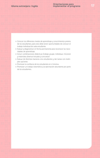 17Idioma extranjero: Inglés
› Conocer los diferentes niveles de aprendizaje y conocimientos previos
de los estudiantes; para esto debe tener oportunidades de conocer el
trabajo individual de cada estudiante.
› Evaluar y diagnosticar en forma permanente para reconocer las nece-
sidades de aprendizaje.
› Incluir combinaciones didácticas (trabajo grupal, individual, rincones)
y materiales diversos (visuales y concretos)
› Evaluar de distintas maneras a los estudiantes y dar tareas con múlti-
ples opciones
› Promover la confianza de los estudiantes en sí mismos.
› Promover un trabajo sistemático y la ejercitación abundante por parte
de los estudiantes.
Orientaciones para
implementar el programa
 