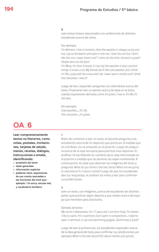 Programa de Estudios / 5º básico194
6
Leen textos breves relacionados con preferencias de distintos
estudiantes acerca del clima.
Por ejemplo:
I’m Winston. I live in Jamaica. Here the weather is always sunny and
hot. I go to the beach and swim in the sea. I love the sun but I don’t
like the rain. I wear shorts and T-shirts all the time. Jamaica is great!
People here are the best!
I’m Mary. I’m from Canada. In my city the weather is very cold and
windy. It snows a lot. My friends don’t like cold weather, but I think
it’s OK. I play with the snow and I ski. I wear warm clothes and I drink
hot chocolate. I love it!
Luego de leer, responden preguntas con alternativas acerca del
texto. Finalmente dan su opinión acerca de ideas en el texto,
usando expresiones del texto como It’s great, I love it, It’s OK, It’s
the best.
Por ejemplo:
Cold weather…. It’s OK.
Hot chocolate …it’s great.
1
Antes de comenzar a leer un texto, el docente pregunta a los
estudiantes acerca de los deportes que practican. A medida que
los nombran, los va anotando en el pizarrón. Luego les pregun-
ta acerca de la ropa necesaria para practicar esos deportes. El
profesor irá escribiendo los nombres de la ropa mencionada en
el pizarrón a medida que los alumnos las vayan nombrando. A
continuación, les pide que observen las imágenes del texto y
pregunta: What do you think is the text about? What are we going
to read about? Is it about clothes? Luego de que los estudiantes
den sus respuestas, el profesor los invita a leer para confirmar
sus predicciones.
2
Leen un texto, con imágenes, acerca de estudiantes de distintos
países que practican algún deporte y que relatan acerca del equi-
po que necesitan para practicarlo.
Ejemplo de texto:
My name is Alessandra. I’m 11 years old. I am from Italy. I’m Italian.
I like to swim. I’m a swimmer and I swim in competitions. I need to
wear a swimsuit, a cap and swimming goggles. Swimming is great!
Luego de leer la primera vez, los estudiantes responden acerca
de la idea general del texto para confirmar sus predicciones; por
ejemplo: What is the text about? (It’s about clothes and sports).
OA 6
Leer comprensivamente
textos no literarios, como
notas, postales, invitacio-
nes, tarjetas de saludo,
menús, recetas, diálogos,
instrucciones o emails,
identificando:
› propósito del texto
› ideas generales
› información explícita
› palabras clave, expresiones
de uso común asociadas a
las funciones del nivel (por
ejemplo: I’m sorry, excuse me)
y vocabulario temático
 
