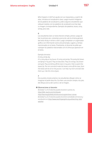Idioma extranjero: Inglés 197Unidad 4
What happens in fall? Les ayuda con sus respuestas y, a partir de
ellas, introduce el vocabulario clave. Luego muestra imágenes
de las palabras de vocabulario y pide a algunos estudiantes que
ubiquen tarjetas con las palabras de vocabulario escritas bajo
su imagen correspondiente. Ejemplos de palabras: leaves, rainy,
windy, yard, rake.
6
Los estudiantes leen un texto literario simple y breve. Luego de
leer la primera vez, comentan acerca de cuál es el tema general
del texto (A day in winter or fall). Luego completan un organizador
gráfico con información acerca de personajes, lugares y tiempo
mencionados en el texto. Finalmente, el docente les pide que
subrayen las palabras relacionadas con el clima que aparecen en
el texto.
Ejemplo de texto:
A rainy, windy day
It’s a rainy day at my house. It’s rainy and windy. The pretty fall leaves
are flying in my yard. They are beautiful. They are orange, red, brown
and gold. They are falling off the trees in my yard. I like to watch the
leaves fly. The rain and wind make the leaves come off the trees. Soon
the leaves will be all on the ground. I can help my mom and dad rake
them up. I like this time of year.
7
De acuerdo al texto anterior, los estudiantes dibujan cómo se
imaginan el jardín descrito. Escriben una oración simple a los pies
del dibujo acerca del cuento o de la imagen.
! Observaciones al docente:
Actividad 1 y 4: El docente puede encontrar cuentos en,
http://dltk-teach.com/minibooks/
http://learnenglishkids.britishcouncil.org/en/short-stories
Actividad 5 y 6: El docente puede encontrar actividades de lectura y
vocabulario en http://www.teachingenglish.org.uk/teaching-kids/
weather
 