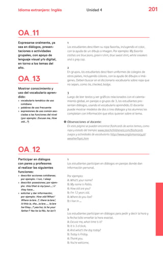 Idioma extranjero: Inglés 201Unidad 4
1
Los estudiantes describen su ropa favorita, incluyendo el color,
con la ayuda de un dibujo o imagen. Por ejemplo: My favorite
clothes are blue jeans, green t shirt, blue sweat shirt, white sneakers
and a grey cap.
2
En grupos, los estudiantes describen uniformes de colegios de
otros países, incluyendo colores, con la ayuda de dibujos o imá-
genes. Deben buscar en el diccionario vocabulario sobre ropa que
no sepan, como tie, checked, badge.
3
Luego de leer textos y ver gráficos relacionados con el calenta-
miento global, en parejas o grupos de 3, los estudiantes pre-
sentan diálogos, usando el vocabulario aprendido. El docente
puede mostrar modelos de dos o tres diálogos y los alumnos los
completan con información que ellos quieran sobre el tema.
! Observaciones al docente:
En esta página se pueden encontrar flashcards de varios temas, como
ropa y estado del tiempo: www.teachchildrenesl.com/flashcards
Juegos y actividades de vocabulario: http://www.anglomaniacy.pl/
weatherTopic.htm
1
Los estudiantes participan en diálogos en parejas donde dan
información personal.
Por ejemplo:
A: What’s your name?
B: My name is Pablo.
A: How old are you?
B: I’m 12 years old.
A: Where do you live?
B: I live in …
2
Los estudiantes participan en diálogos para pedir y decir la hora y
la fecha (sólo enseñar la hora exacta).
A: Excuse me, what time is it?
B: It is 3 o’clock.
A: And what’s the day today?
B: Today is Friday.
A: Thank you.
B: You’re welcome.
OA 11
Expresarse oralmente, ya
sea en diálogos, presen-
taciones o actividades
grupales, con apoyo de
lenguaje visual y/o digital,
en torno a los temas del
año.
OA 13
Mostrar conocimiento y
uso del vocabulario apren-
dido:
› vocabulario temático de uso
cotidiano
› palabras de uso frecuente
› expresiones de uso común aso-
ciadas a las funciones del nivel
(por ejemplo: Excuse me, How
old…?)
OA 12
Participar en diálogos
con pares y profesores
al realizar las siguientes
funciones:
› describir acciones cotidianas;
por ejemplo: I run, I sleep
› describir posesiones; por ejem-
plo: this/that is my/your…; I/
they have…
› solicitar y dar información;
por ejemplo: How old/What/
Where is/are..?, there is/are/,
it/this is, the…is/are..., Is/are
he/they…? yes/no; Is he your
father? Yes he is/No, he isn’t
 