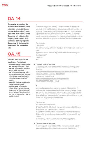 Programa de Estudios / 5º básico206
OA 14
Completar y escribir, de
acuerdo a un modelo y con
apoyo de lenguaje visual,
textos no literarios (como
postales, mini libros, listas
de compras) y textos lite-
rarios (como rimas, tiras
cómicas) con el propósito
de compartir información
en torno a los temas del
año.
OA 15
Escribir para realizar las
siguientes funciones:
› expresar gustos y preferencias;
por ejemplo: I like/don’t like…
› agregar información; por ejem-
plo: it is big and black
› dar información general sobre
un tema conocido, por ejemplo:
the… is/are/have/eat/read…;
they/he… is/are/have/eat/
read…
› describir el clima; por ejemplo:
today is sunny/cloudy
› solicitar y dar información
What/ Where is/are..?; there
is/are…; it is/this is…;the…is/
are…; Is this…? Yes, it is/No, it
isn’t; Is he your father? Yes, he
is/No, he isn’t
1
El docente proyecta o entrega a los estudiantes el modelo de
una carta en el cual destaca el saludo, despedida y preguntas y la
organización de la información. Los alumnos escriben una carta,
siguiendo el modelo, en la cual describen el clima. El profesor
puede hacer esta actividad en forma interactiva con todo el curso
al mismo tiempo o en grupos, si tienen acceso a computadores.
Por ejemplo:
Dear Emma
It is cold and windy. I like rainy days but I don’t like to wear boots and
coat.
My favorite season is winter. My friends like summer. What’s your
favorite season?
Love from
Ana
! Observaciones al docente:
El docente puede hacer esta actividad interactiva en la siguiente
dirección:
http://www.readwritethink.org/classroom-resources/student-
interactives/letter-generator-30005.html
y puede usar el material de
http://www.teachervision.fen.com/tv/printables/
TCR/0743931734_143-147.pdf
2
Los estudiantes escriben oraciones para un diálogo entre 2
personas que hablan sobre el estado del tiempo y la ropa. Luego
dibujan una tira cómica para el diálogo. Esta actividad puede ser
desarrollada por los estudiantes con apoyo del docente en forma
interactiva en grupos y computadores.
Por ejemplo:
A: It is cold and windy today.
B: Yes, it’s fall, I like fall, the sky is grey and trees are red and brown.
A: I don’t like fall, I like summer, it is warm.
B: I don’t like summer, I don’t like to wear shorts and bathing suit.
A: I don’t like to wear boots and sweater, I like to wear sandals and
t-shirts.
B: It is raining, I don’t have an umbrella, I have to go home.
! Observaciones al docente:
El docente puede hacer esta actividad interactiva usando http://
www.readwritethink.org/files/resources/interactives/comic/
 