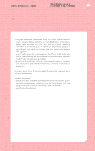 19Idioma extranjero: Inglés
› Luego reconocer qué desempeños de los estudiantes demuestran el lo-
gro de los aprendizajes, guiándose por los indicadores de evaluación. Se
deben poder responder preguntas como: ¿qué deberían ser capaces de
demostrar los estudiantes que han logrado un determinado Objetivo de
Aprendizaje?, ¿qué habría que observar para saber que un aprendizaje ha
sido logrado?
› A partir de las respuestas a esas preguntas, identificar o decidir qué moda-
lidades de enseñanza y qué actividades facilitarán alcanzar este desempe-
ño. Definir las actividades de aprendizaje.
› A partir de las actividades, definir las evaluaciones formativas y sumativas,
y las instancias de retroalimentación continua, a través de un programa de
evaluación.
Se sugiere que la forma de plantear la planificación arriba propuesta sea en
tres escalas temporales:
› planificación anual
› planificación de la unidad (división temporal básica del año escolar, que or-
ganiza los objetivos de aprendizaje en torno a un tema. En este caso, cada
programa incluye 4 unidades de alrededor de 8 a 9 semanas)
› planificación de cada clase.
Orientaciones para
planificar el aprendizaje
 