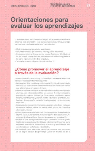 21Idioma extranjero: Inglés
Orientaciones para
evaluar los aprendizajes
Orientaciones para
evaluar los aprendizajes
La evaluación forma parte constitutiva del proceso de enseñanza. Cumple un
rol central en la promoción y en el logro del aprendizaje. Para que se logre
efectivamente esta función, debe tener como objetivos:
› Medir progreso en el logro de los aprendizajes.
› Ser una herramienta que permita la autorregulación del alumno.
› Proporcionar información que permita conocer fortalezas y debilidades de
los estudiantes y sobre esta base, retroalimentar la enseñanza y potenciar
los logros esperados dentro de la asignatura.
› Ser una herramienta útil para orientar la planificación.
¿Cómo promover el aprendizaje
a través de la evaluación?
Las evaluaciones adquieren su mayor potencial para promover el aprendizaje
si se llevan a cabo considerando lo siguiente:
› La evaluación debe constituirse en la recopilación sistemática de trabajos
realizados por los estudiantes de tal manera de recibir información sobre lo
que saben y lo que son capaces de hacer.
› La evaluación debe considerar la diversidad de estilos de aprendizaje de los
alumnos , para esto se deben utilizar una variedad de instrumentos como
por ejemplo proyectos de investigación grupales e individuales, presen-
taciones, informes orales y escritos, revistas y diarios de aprendizaje, eva-
luaciones de desempeño, portafolio, pruebas orales y escritas, controles,
entre otros
› Los estudiantes conocen los criterios de evaluación antes de ser evaluados.
Por ejemplo dando a conocer las lista de cotejo, pautas con criterios de
observación, rúbricas.
› Los docentes utilizan diferentes métodos de evaluación dependiendo del
objetivo a evaluar. Por ejemplo, evaluación a partir de la observación , re-
colección de información del docente , autoevaluación , coevaluación)
› Las evaluaciones entregan información para conocer las fortalezas y debi-
lidades de los estudiantes. El análisis de esta información permite tomar
decisiones para mejorar los resultados alcanzados y retroalimentar a los
estudiantes sobre sus fortalezas y debilidades.
› La evaluación como aprendizaje involucra activamente a los estudiantes
en sus propios procesos de aprendizaje. Cuando los docentes les dan el
 
