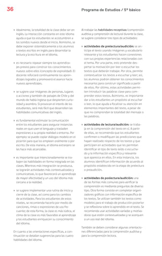 Programa de Estudios / 5º básico36
› idealmente, la totalidad de la clase debe ser en
inglés. La interacción constante en este idioma
ayuda a que los estudiantes se acostumbren a
los sonidos nuevos desde el inicio. Asimismo, se
debe exponer sistemáticamente a los alumnos
a textos escritos en inglés para desarrollar la
lectura y la escritura en el idioma.
› es necesario repasar siempre los aprendiza-
jes previos para construir los conocimientos
nuevos sobre ellos (concepto de espiralidad). El
docente reforzará continuamente los apren-
dizajes logrados y promoverá el avance hacia
nuevos aprendizajes.
› se sugiere usar imágenes de personas, lugares
o acciones y también de paisajes de Chile y del
mundo de habla inglesa que despierten curio-
sidad y asombro. Si provocan el interés de los
estudiantes, será más fácil que desarrollen las
habilidades comunicativas del inglés.
› es fundamental estimular la comunicación
entre los estudiantes para asegurar instancias
reales en que usen el lenguaje y trasladen
expresiones a su propia realidad o entorno. Por
ejemplo: se puede copiar diálogos modelo en el
pizarrón para que los empleen oralmente o por
escrito. De esta manera, el idioma extranjero se
les hace más alcanzable.
› es importante que intencionadamente se tra-
bajen las habilidades en forma integrada en las
clases. Mientras más integración se produzca,
se lograrán actividades más contextualizadas y
comunicativas, lo que favorecerá un aprendizaje
de mayor efectividad y un uso del idioma más
cercano a la realidad.
› se sugiere implementar una rutina de inicio y
cierre de la clase, así como para los cambios
de actividades. Para los estudiantes de estos
niveles, se recomienda hacerlo por medio de
canciones, rimas o expresiones de uso fre-
cuente; de esta forma, la clase es más lúdica, el
clima de la clase es más favorable al aprendizaje
y los estudiantes enriquecen su conocimiento
del idioma.
En cuanto a las orientaciones específicas, a con-
tinuación se detallan sugerencias para las cuatro
habilidades del idioma.
Al trabajar las habilidades receptivas (comprensión
auditiva y comprensión de lectura) durante la clase,
se sugiere considerar tres tipos de actividades:
› actividades de prelectura/audición: se an-
ticipa el texto usando imágenes y vocabulario
relevante y los estudiantes hacen conexiones
con sus propias experiencias relacionadas con
el tema. Por una parte, esto pretende des-
pertar la motivación por leer o escuchar los
textos que deberán trabajar. Por otra, permite
contextualizar los textos a escuchar y leer; así,
los alumnos podrán obtener los conocimientos
necesarios para construir significado a partir
de ellos. Por último, estas actividades permi-
ten introducir las palabras clave para com-
prender estos textos. Asimismo, es importante
dar a los estudiantes un propósito al escuchar
o leer, lo que ayuda a focalizar su atención en
elementos importantes del texto, a pesar de
que no comprendan la totalidad del mensaje o
las palabras.
› actividades de lectura/audición: se traba-
ja en la comprensión del texto en sí. A partir
de ellas, se recomienda que los estudiantes
confirmen o modifiquen las predicciones que
hayan realizado respecto de los textos y que
participen en actividades que les permitan
identificar el tipo de texto leído o escucha-
do y la información específica y relevante
que aparezca en ellos. En esta instancia, los
alumnos identifican información de acuerdo al
propósito establecido en la etapa de prelectura
o preaudición.
› actividades de poslectura/audición: una
de las formas más comunes para verificar la
comprensión es mediante preguntas de diverso
tipo. Otra forma consiste en completar organi-
zadores gráficos con información específica de
los textos. Se utilizan también los textos como
modelos para el trabajo de producción posterior
y se reflexiona sobre lo aprendido en el texto. Se
recomienda usar actividades variadas y motiva-
doras que estén contextualizadas y se acerquen
a un uso real del idioma.
También se deben considerar algunas orientacio-
nes diferenciadas para la comprensión auditiva y
para la comprensión lectora.
 